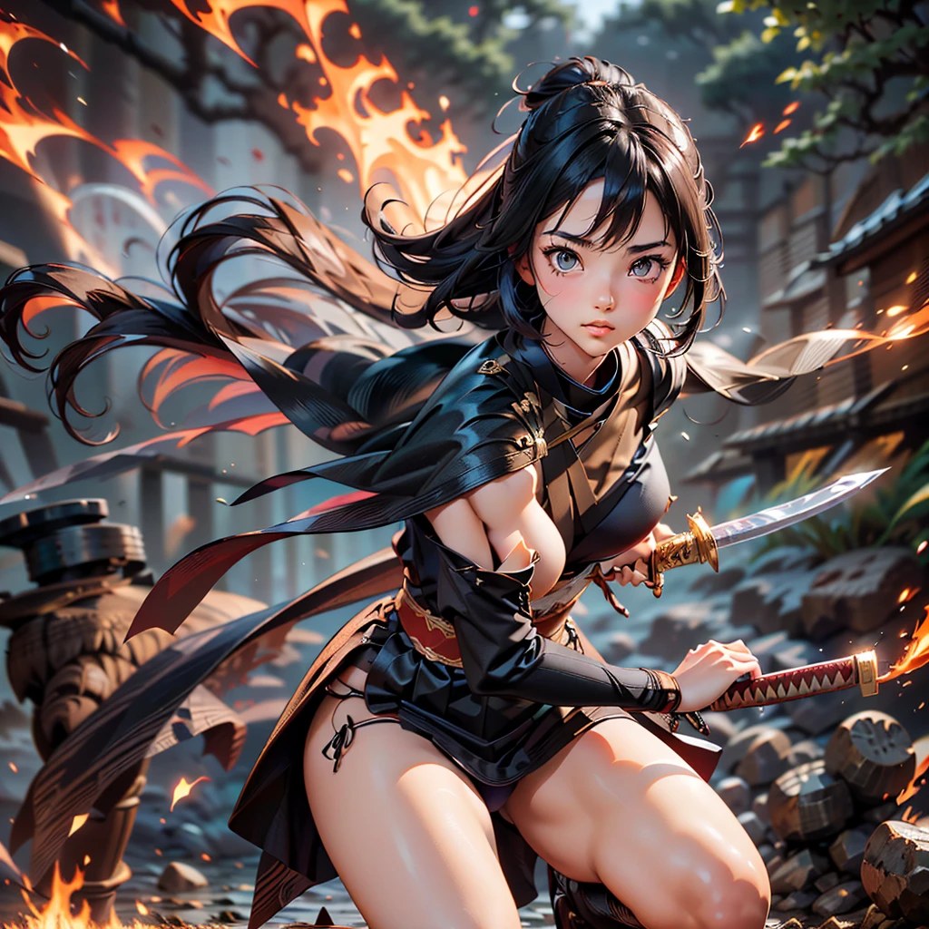 Cute girl, pulled panty, black princess cut hair, brown eyes, japanese samurai coat on shoulder ,  topless, battle field , fire sword magic, equipped Japanese sword on back, put on silver metal bandana , ready to draw sword pose, cool pose, 