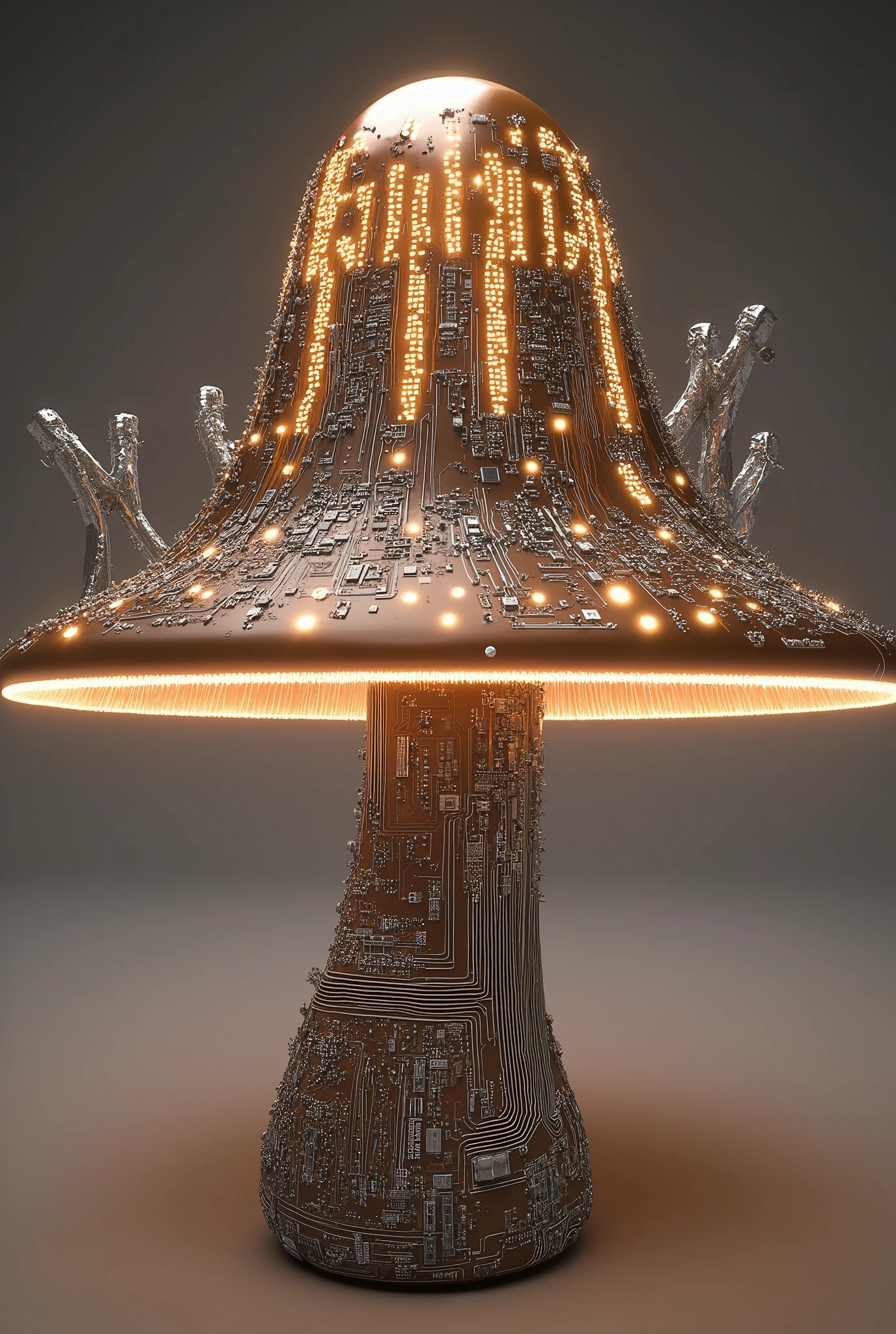 A magical mushroom composed of circuit paths, with luminescent caps that glow in the dark. The motherboard texture forms the stem, while silver traces outline the cap and gills. Color scheme of earthy browns and silver, rendered in 3D with a whimsical, enchanting effect.