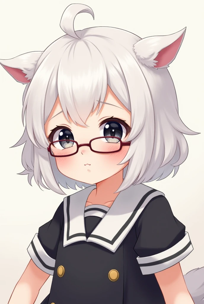 masterpiece, best quality, perfect anatomy, solo, 1girl, gray hair, short hair, hair between eyes, brown eyes, bob cut, straight hair, tan skin, small glasses, dog ears, floppy ears, gray eras, dog tail, dog girl, medium breasts, skinny, toned stomach, absurdres, serafuku,