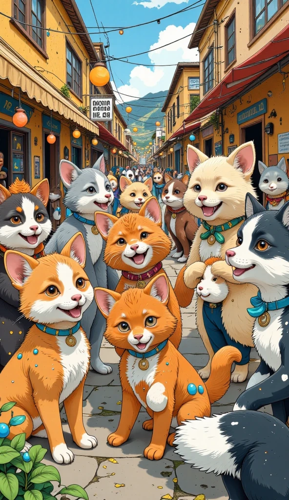 A colorful fiesta of fantasy animal characters, intricate detailed fur textures, vibrant party atmosphere, lively celebration, cute cartoon style, whimsical, playful expressions, dynamic compositions, warm lighting, rich colors, soft focus, highly detailed, 8K, best quality, photorealistic