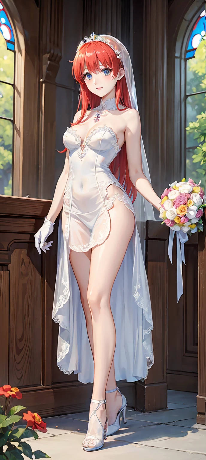 masterpiece, best quality, photograph, beautiful woman standing in the middle wearing a gold and white wedding dress, red hair, beautiful eyes, eyes blue, smile, in hand holding rainbow flowers, snowing, Korea, (woman in her 25s) , realistic, 8k, (dress lift:1.3), (thong:1.1), blonde hair