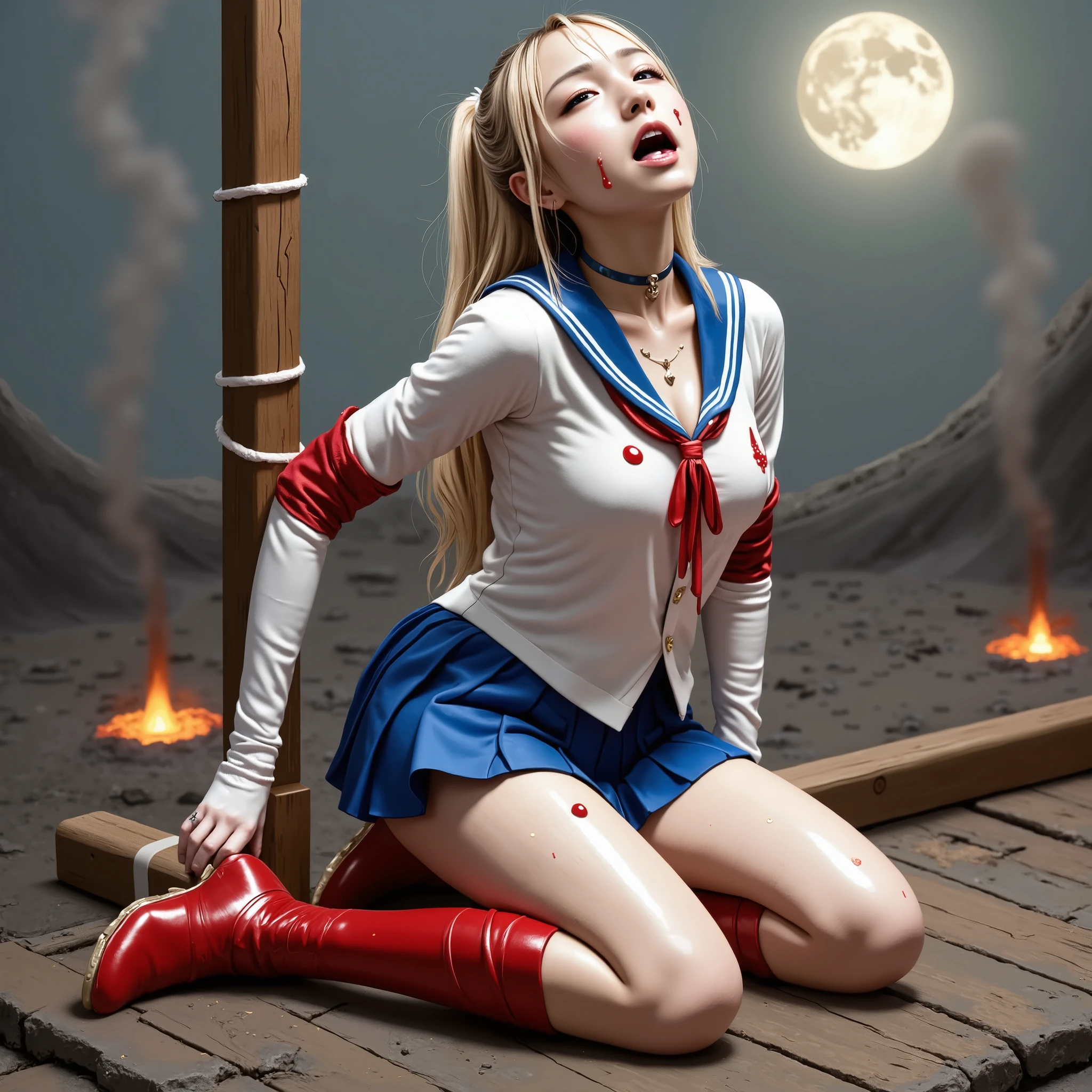 Hyperrealism, masterpiece, highest quality, A young Japanese woman is kneeling in the dirt, dirty body, eyes close, crying in severe pain, painful face, blood on her body, Wearing a Sailor Moon costume, Being restrained and crucifixion on the cross, Blue sailor collar, Blue mini pleated skirt, Long white gloves, shiny beige color pantyhose, red high boots, Exposed thighs, Red long boots, big choker, long blonde Hair, Bright full moon, moonlight , semen on her legs, a big fierce devil is hugging and bite her neck, hand in her crotch, (((realistic))), volcano background,