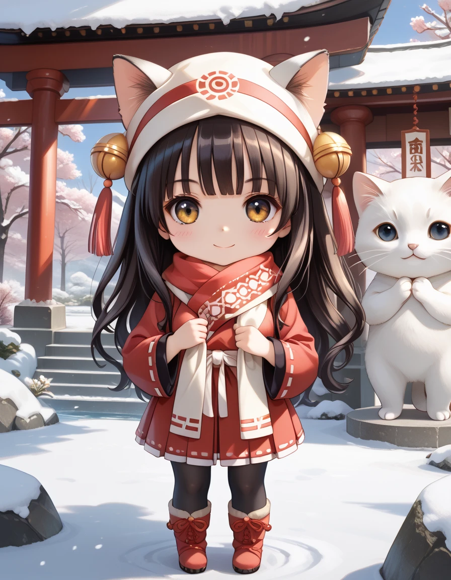 (masterpiece), (ultra-detailed), (best quality), (clear focus), dramatic scene, cinematic, shadow, (ultra-high resolution), (8k), perfect anatomy, perfect face, (detailed face), (detailed eye), (chibi:1.3), (cute Japanese jiraikei chibi girl:1.3), famous Japanese chibi idol but Japanese shrine maiden, very beautiful with cute but cool face, (the girl is wearing a cute miko costume with scarf and black tights:1.2), glove, (wearing warm snow boots:1.2), (medium breasts), (She is standing with her giant cat friends at the Japanese shrine in the highest snow peaks:1.3), The heavily snow covered main shrine and five-story pagoda of a small shrine, warm winter sunshine, professional lighting, (amazing view of the greatest detailed giant fat cat statue:1.3), amazing view of lower mountain village from the top of the snow mountain, they looks so happy, happy smile, very wide shot, (she is surrounded by the countless a huge number of very cute fat cats:1.2)