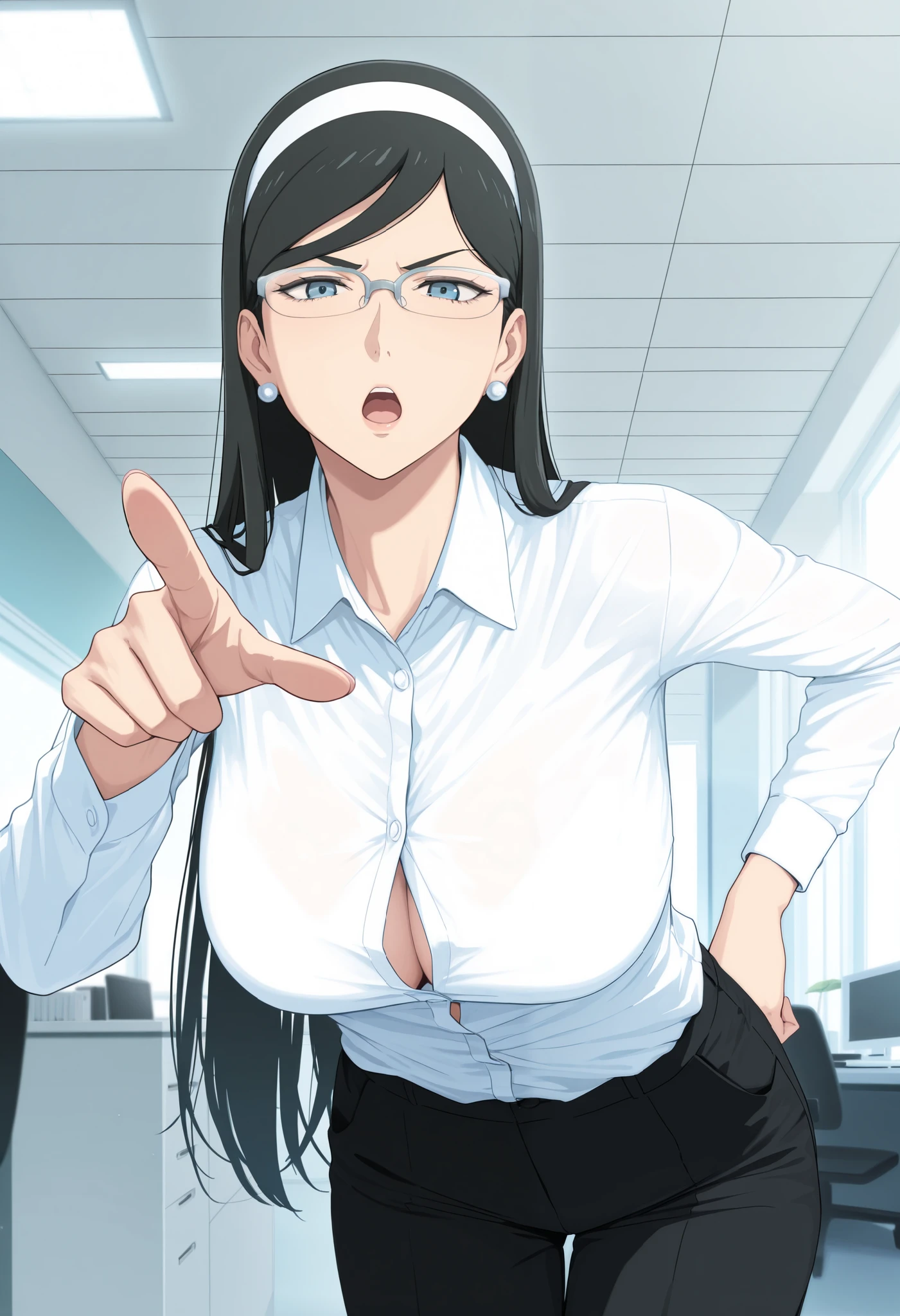 masterpiece, best quality, amazing quality, very aesthetic, absurdres, newest, scenery, 1girl, kumashiro maya, hairband, blue eyes, black hair, straight hair, large breasts, earrings, glasses, white shirt, collared shirt, formal, red necktie, black pants, button gap, looking at viewer, serious, open mouth, office, pointing at you, leaning forward