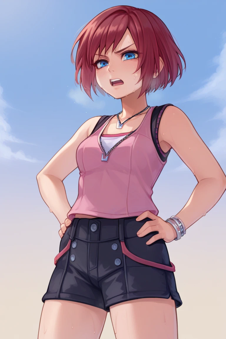 score_9, score_8_up, source_anime, highly detailed, 1girl, solo,
kairi, 1girl, solo, blue eyes, jewelry, boots, necklace, short hair, red hair, pink tanktop, black short shorts, half body,
outdoor, hands on hips, out of breath, sweaty, frustrated expression,  open mouth