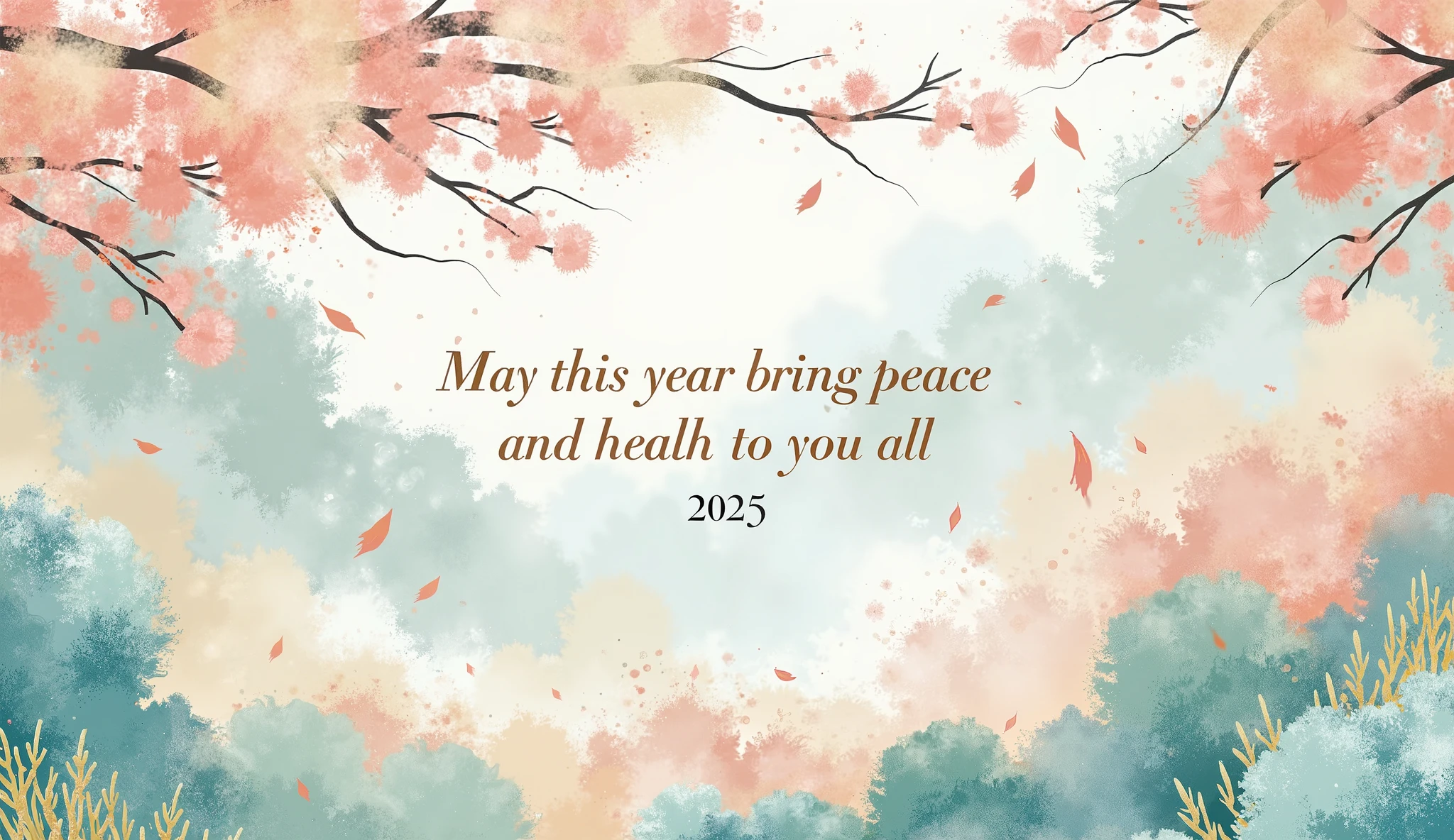 (masterpiece:1.2,EXCEPTIONAL QUALITY  ,Mirror Finish ,  cinematic experience ,  BEST ILLUSTRATION:2.0), Super high resolution,  super detailed  ,8k,16k, wallpaper, wishing wall,("May this year bring peace and health to you all."Draw a small text of:2.0),("2025"Draw a small text of:2.0),(The background is an abstract pattern in shades showing health and peace:1.2)