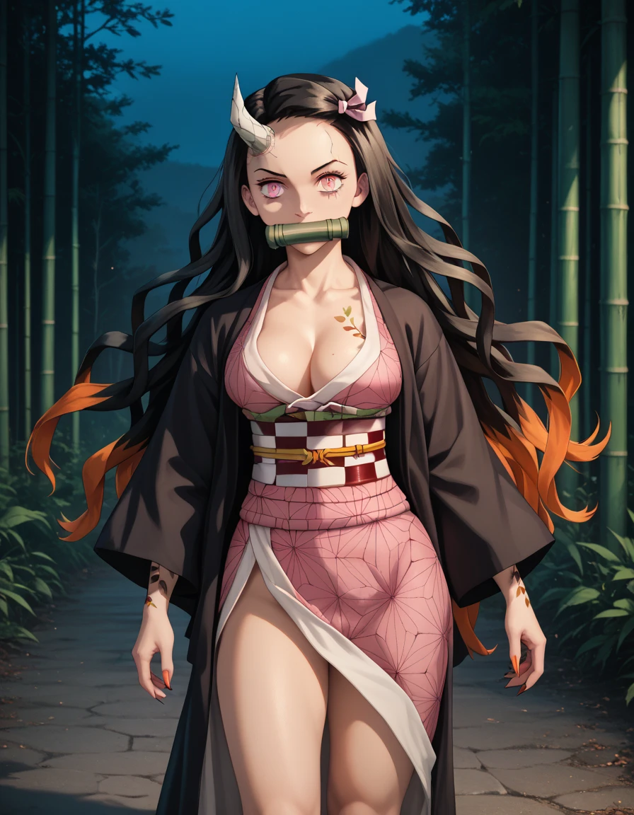 1 girl:1.2, Kamado Nezuko,  wavy hair,  black hair,  long hair,  Multicolored Hair,  orange hair, pink eyes, slit pupils,bamboo, Bit Gag, gag,  Sharp Claws, Single horned , Single horned  on side, vein, tattoo,Asa didn't do it  \(pattern\), checkered sash, Haori, japanese clothes, kimono,  Long Sleeve , heart, pink kimono, sash,  wariza,  wide sleeve,  clevis, Big Breasts,  beautiful body, beautiful legs, ((standing)),  professional lighting,  perfect quality ,  High Quality , Realistic,