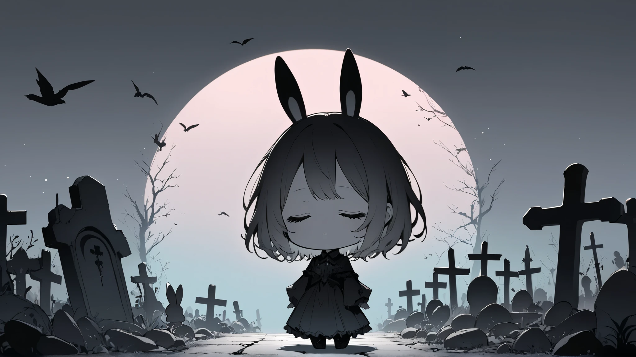 Flat Design, Silhouette Art,anime style, 1chibi character\(short hair, bunny ears, closed eyes,white skin,peaceful expression,hzk,[monochrome,dark gothic illustration:Pastel gradation color,dreamy illustration:0.3],\),solo,gentle glow, gradient background,gray and soft blue and soft pink,derelict graveyard, focus on silhouette symmetry,best quality, minimalism, simple background, 