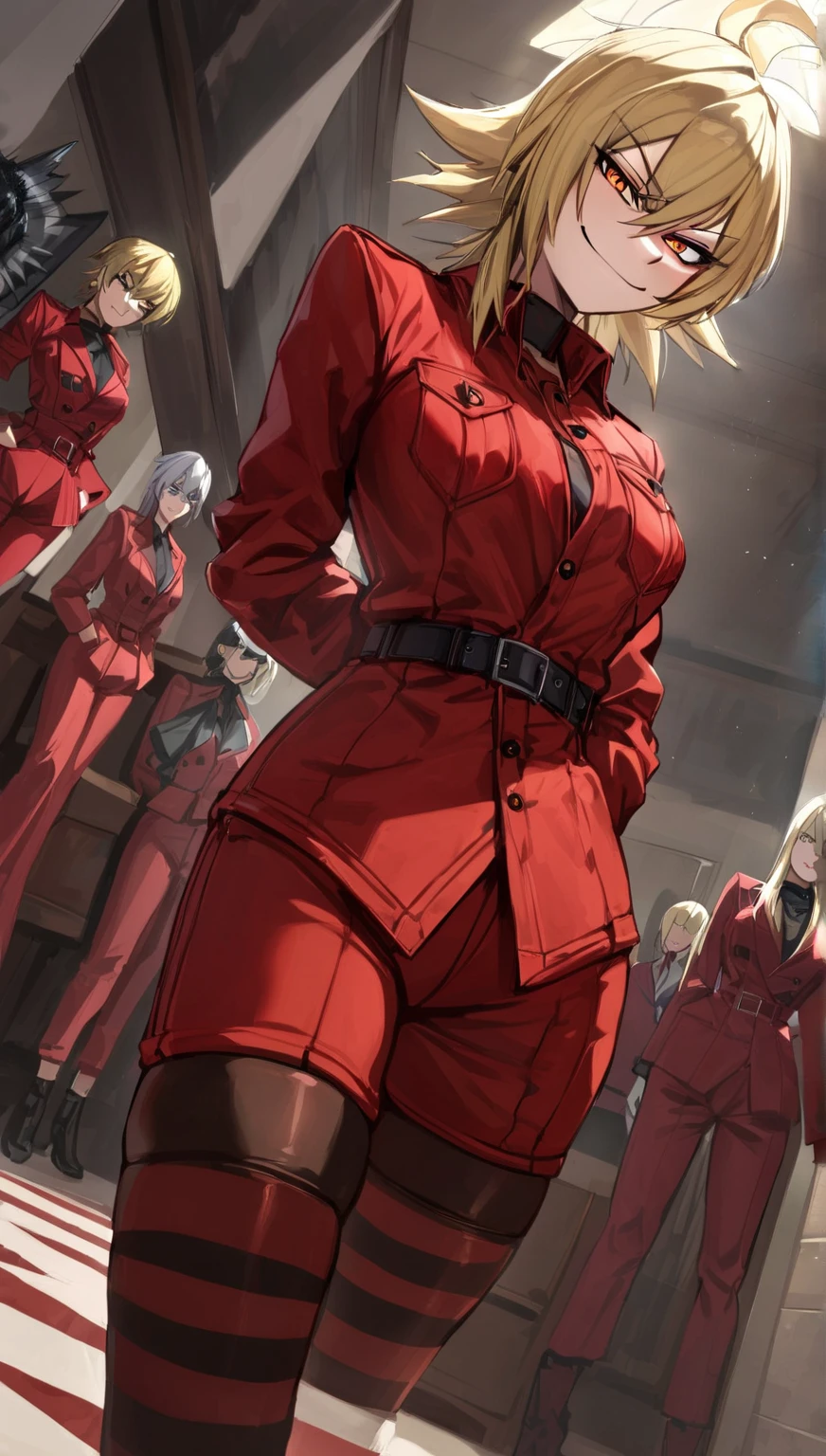 Hellsing ultimate, 1girl, front view, gigantic , red jumpsuit, jumpsuit, d, striped thighhighs, black thighhighs, dutch angle, multiple girls , best quality, amazing quality, very aesthetic, absurdres, blonde hair, seras victoria, hellsing, seras, arms behind back, smug, indoors, solo