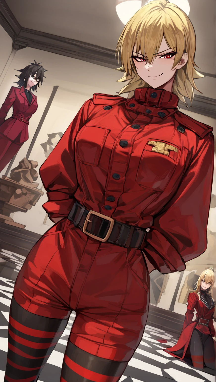 Hellsing ultimate, 1girl, front view, gigantic , red jumpsuit, jumpsuit, d, striped thighhighs, black thighhighs, dutch angle, multiple girls , best quality, amazing quality, very aesthetic, absurdres, blonde hair, seras victoria, hellsing, seras, arms behind back, smug, indoors, solo