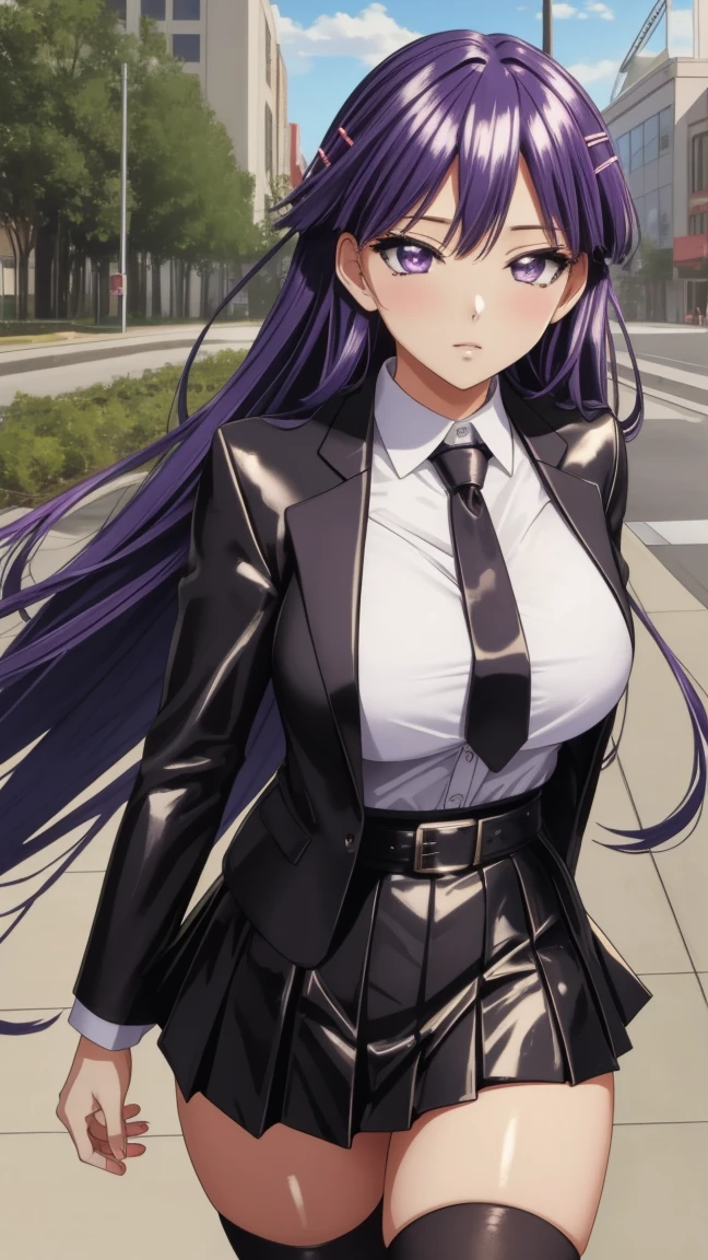 8k Masterpiece ,  Full Body Honey ,  high definition ,  Very detailed face,  detailed computer graphics , one,   girl , Chizuru-chan Kaihatsunikki, mature,  sexy ,  purple hair,  long hair,  hair clip ,   purple eyes, makeup, black fleece leather blazer,  Black satin blouse with long sleeves with buttons, white leather tie , black pleated leather skirt, white thigh stockings ,  black leather high-heeled shoes ,  large breasts ,  closed mouth , Fascinating dispassionality , With confidence,  enjoying , One, stylish pose, stylish corner,  looks at the viewer,  in the center of the image ,  cowboy shot, City Park walking . anatomy is correct,  perfect face,  perfect hair ,  perfect eyes ,  perfect body,  perfect breasts, perfect hands, flawless skin
