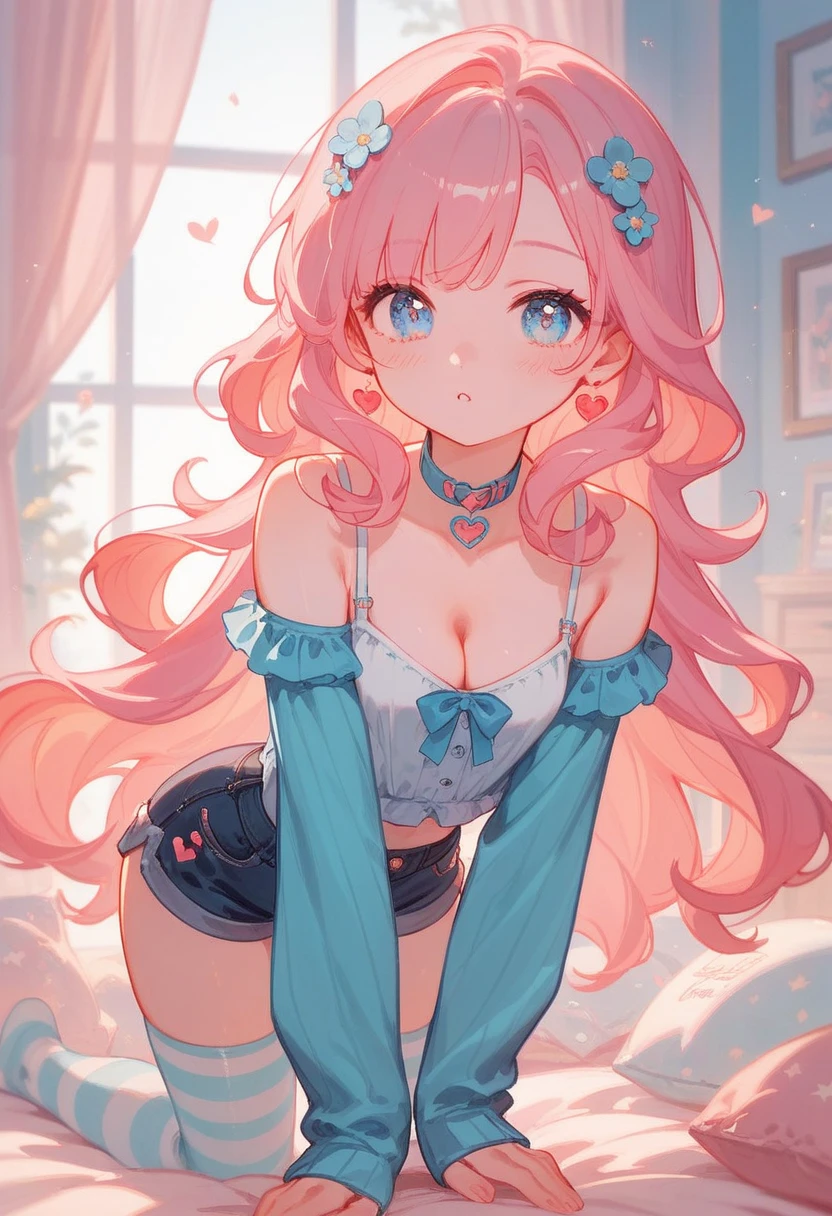 (masterpiece), best quality, highres, ultra-detailed, pastel colors, Girl with long semi-wavy pink hair, tender and bright light blue eyes, Small breasts, adorable blush, adorable face, Tender and adorable body, , Leaning on all fours, showing her cleavage as she bends over, long-sleeved blouse close to the body with cleavage on both shoulders, choker, short pants, showing her thighs, short shorts, mid-thigh stockings, in the background a room.