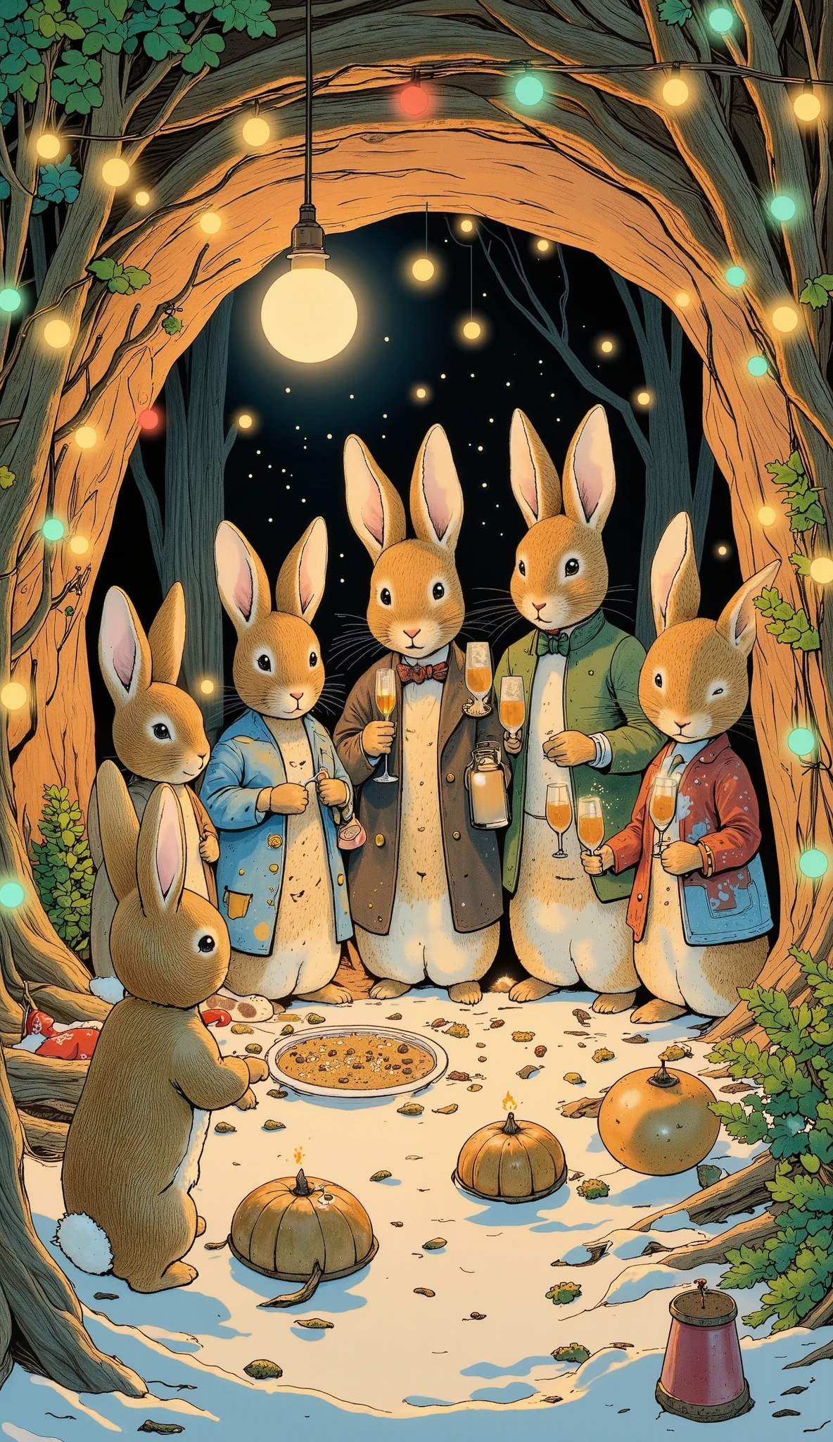  holiday party in a rabbit hole,  cheerful rabbits celebrating New Year's Eve ,  garlands ,  with drinks with Champaign ,  little rabbits playing ,  joyful holiday atmosphere , idyllic fairytale style  