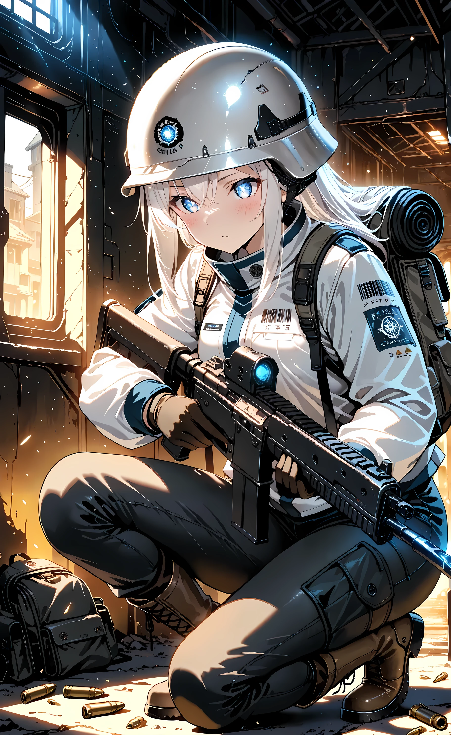 1girl, solo, cinematic , beautiful eyes,  detailed pupils, bag, riffle, boots, brown footwear, futuristic combat helmet, full helmet, white jacket, extra color,dramatic, jacket, multicolored jacket,barcode, blush, backpack, holding weapon, hair between eyes,  pants, sidelocks, dramatic shadow,dapped light,squats, gun down,triple tactics,looking outdoor, white hair, long hair, ammunition, blue particles:1.6, leg out of frame, semi realistic:1.3,light particles, dim light, inside abandoned house, holding white riffles, aggressive, intricate detail, cinematic, masterpiece, best quality, high detailed, absurdres, dutch angle