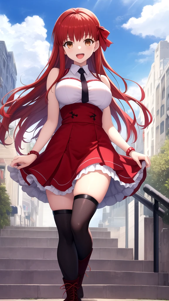 masterpiece, best quality, highres, girl, solo, looking at viewer, Shirou Emiya, Red hair, Brown Eyes, large , sleeveless idol dress, very puffy skirt, flared skirt, thigh highs, heeled boots, standing, smile, open mouth, outdoors