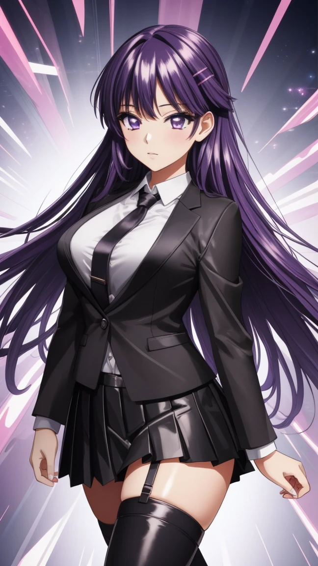 8k Masterpiece ,  Full Body Honey ,  high definition ,  Very detailed face,  detailed computer graphics , one,   girl , Chizuru-chan Kaihatsunikki, mature,  sexy ,  purple hair,  long hair,  hair clip ,   purple eyes, makeup, black fleece leather blazer,  Black satin blouse with long sleeves with buttons, white leather tie , black pleated leather skirt, white thigh stockings ,  black leather high-heeled shoes ,  large breasts ,  closed mouth , Fascinating dispassionality , With confidence,  enjoying , One, stylish pose, stylish corner,  looks at the viewer,  in the center of the image ,  cowboy shot, City Park walking . anatomy is correct,  perfect face,  perfect hair ,  perfect eyes ,  perfect body,  perfect breasts, perfect hands, flawless skin
