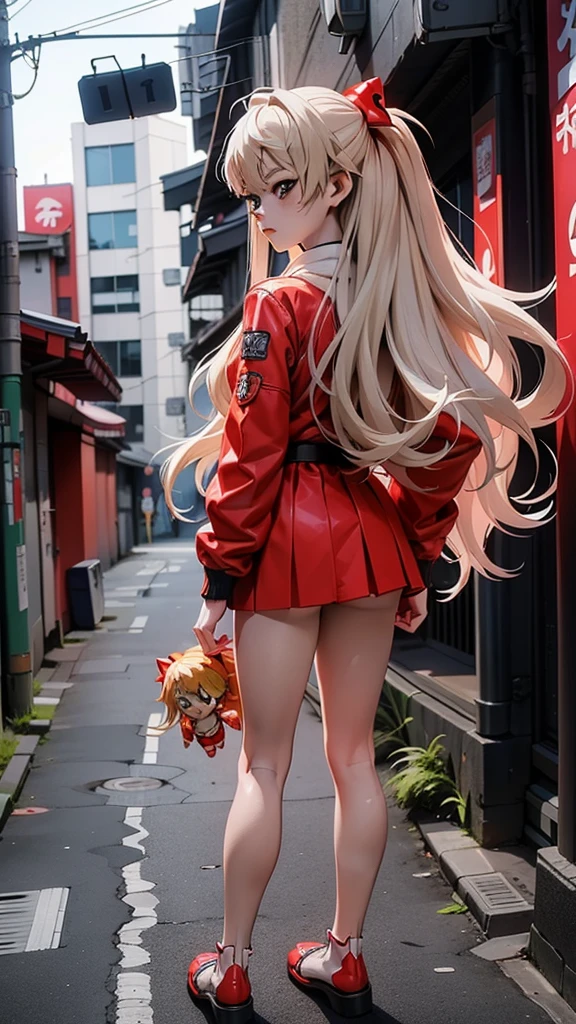 (rear view, backside view),(La  best quality,A high resolution,Ultra - detailed,actual),Souryu Asuka Langley a doll with long pink hair and a (Chaqueta azul:1.4) ,  silver pants, animated barbie doll,  blonde anime girl with long hair , (Souryu Asuka Langley style:1.4) ,(cabello azul Souryu Asuka Langley white :1.4), 
(tokyo alley background :1.4), 3D style anime,  Anime VTuber full body model , ilya kuvshinov with long hair, anime girl with long pink hair, emerging figure of the parade,  render of a cute anime girl 3d , More detailed 8K.Unreal Engine:1.4,UHD,La  best quality:1.4, photorealistic :1.4,  Skin texture :1.4,  masterpiece:1.8,masterpiece,  best quality,object Object], (detailed face features:1.3),( The right proportions ),( beautiful blue eyes),  (cowboy pose), (japan alley background :1.4), ,( cyberpunk 2.1), (kawaii white style :1.4), (fingers detailed:1.4), (perfect anatomy), (Souryu Asuka Langley white :1.4) 