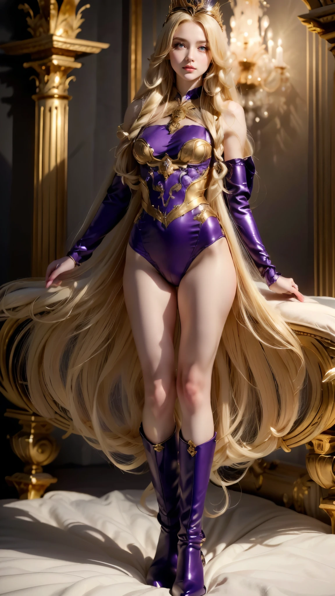   blonde woman in a purple and gold costume posing on a bed,  elegant and glamorous cosplay , ornate cosplay, cosplay glamouroso, Lux de League of Legends, Deusa cinematográfica de  full body   ,  fancy dress , Amouranto as a supervillain , golden clothes, Amouranto,   seductive princess elf knight  ,  cinematic shot of goddess , ((uma bela imperatriz fantasia)), uma bela imperatriz fantasia, 
([long hair hair]:1.8), ( full body :1.8), ( upper body :0.3), (hyper realistic:1.4), (realistic:1.3), (  best quality real textured skin  ),  detailed eyes ,  detailed face, Persephone, Persephone, (sfw:1.5) Hyperrealistic, LESS saggy breasts, ( small breasts :1.5), (huge legs:1.5), (LESS THIGHS:1.5),   perfect legs  ,   perfect legs  , added legs , added legs  e perfeitas,   shapely legs ,   shapely thighs, added legs , Smooth thighs. (  erotic pose  :1.5), (  thick eyebrows :1.2), (big purple eyes:1.2), (  Ultra-detailed eyes  :1.4), (  High-resolution eyes  :1.1), (  ultra detailed skin texture:1.4), ( long boots :1.1),   camel toe