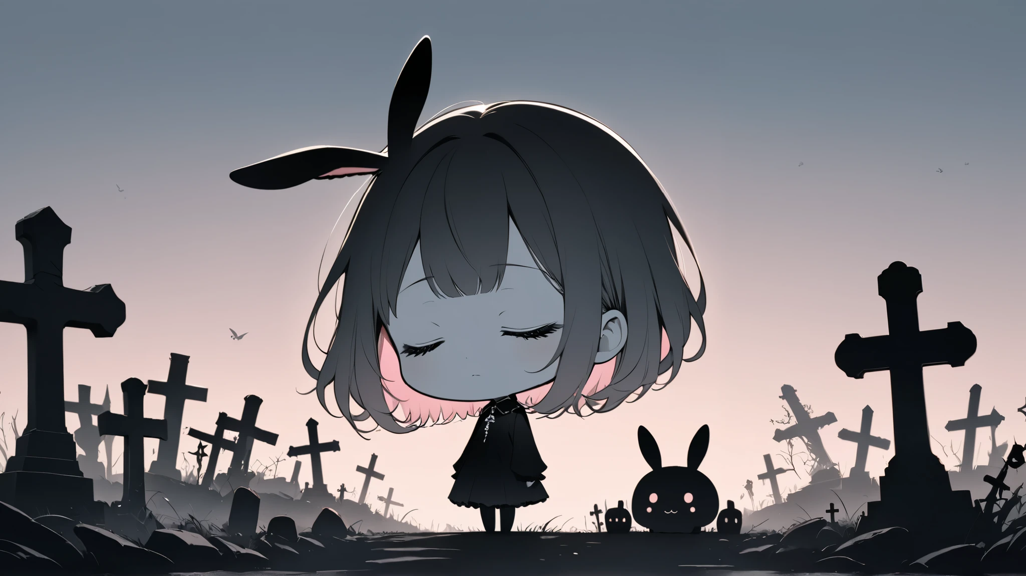 Flat Design, Silhouette Art,anime style, 1chibi character\(short hair, bunny ears, closed eyes,white skin,peaceful expression,hzk,[monochrome,dark gothic illustration:Pastel gradation color,dreamy illustration:0.3],\),solo,gentle glow, gradient background,gray and soft blue and soft pink,derelict graveyard, focus on silhouette symmetry,best quality, minimalism, simple background, 