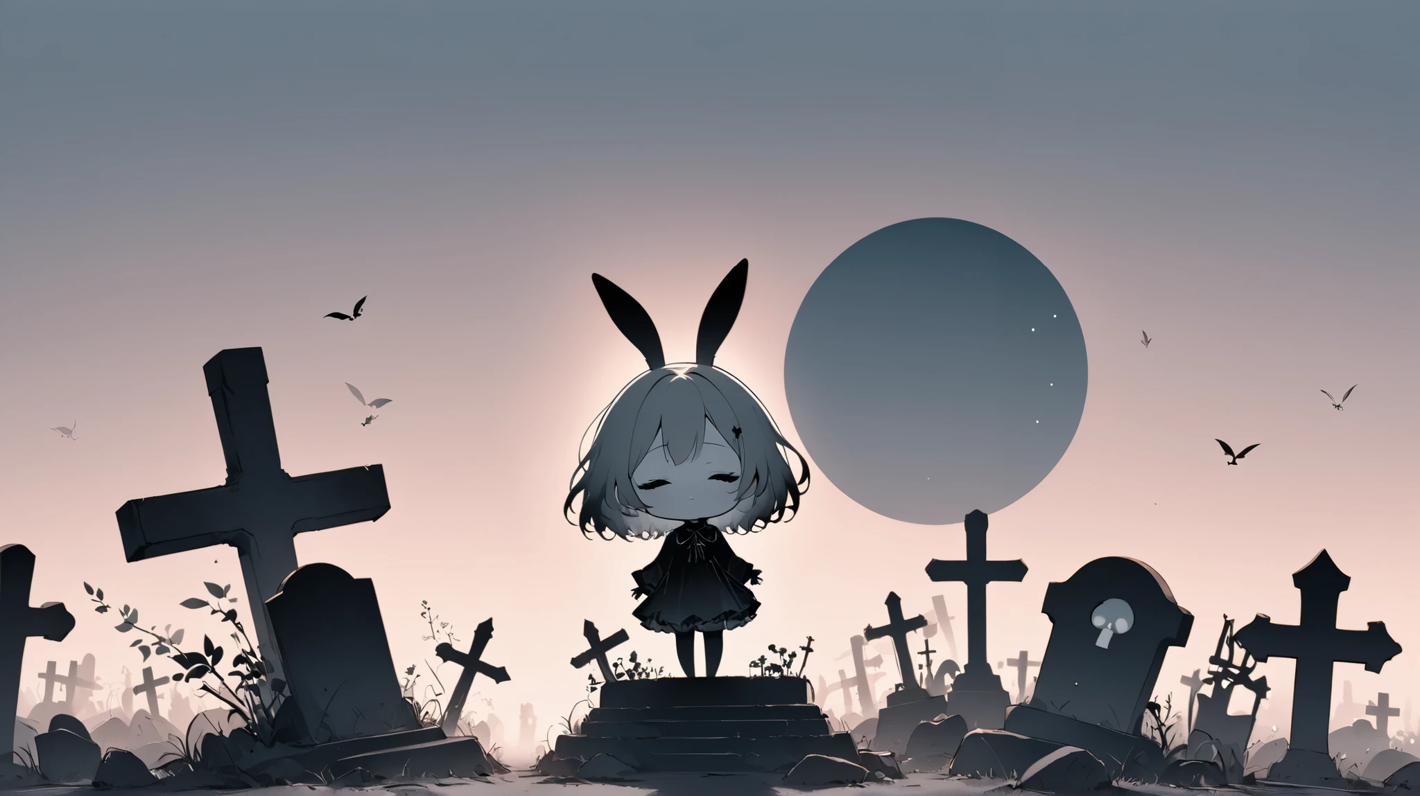 Flat Design, Silhouette Art,anime style, 1chibi character\(short hair, bunny ears, closed eyes,white skin,peaceful expression,hzk,[monochrome,dark gothic illustration:Pastel gradation color,dreamy illustration:0.3],\),solo,gentle glow, gradient background,gray and soft blue and soft pink,derelict graveyard, focus on silhouette symmetry,best quality, minimalism, simple background, 