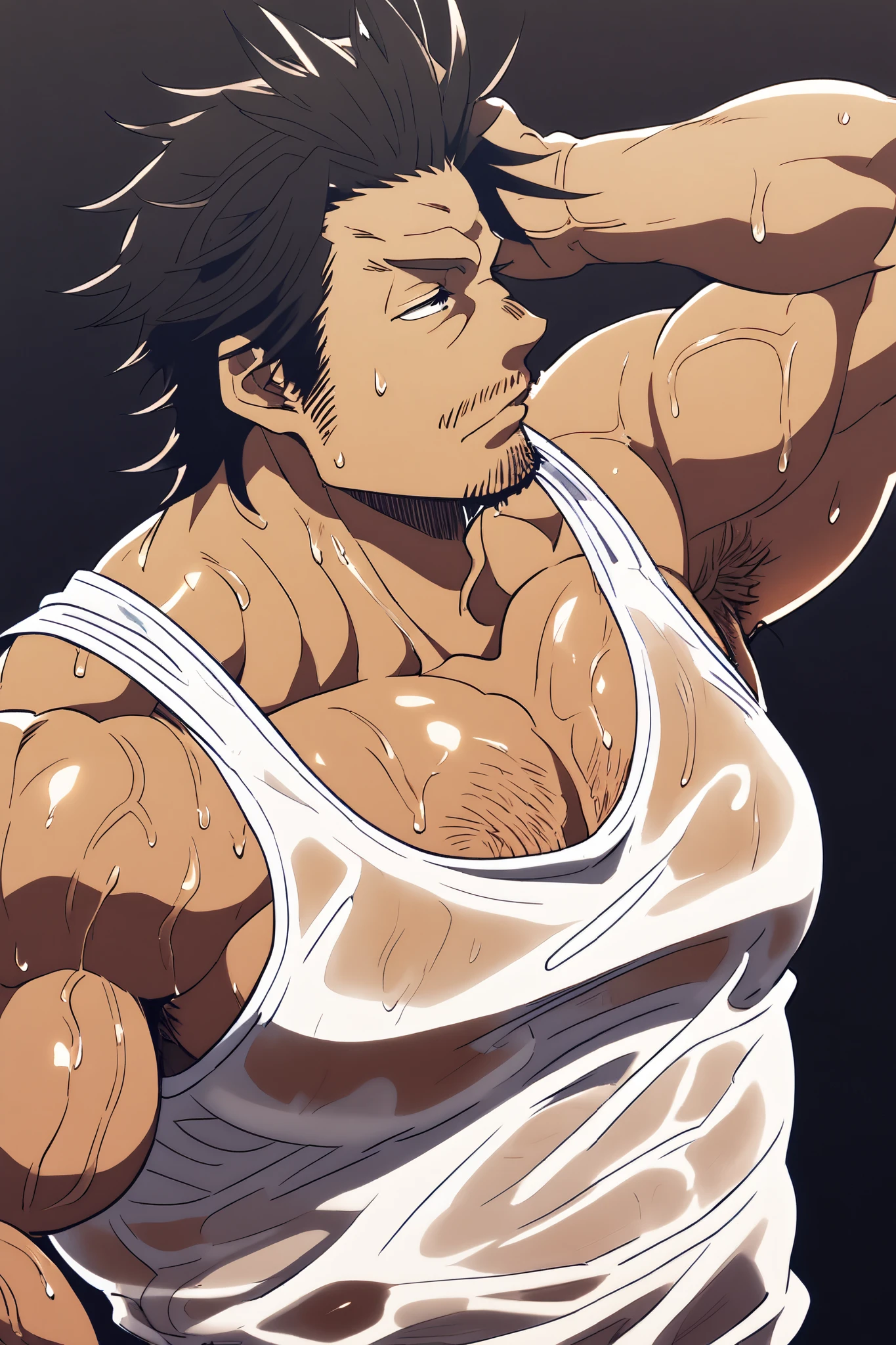 (Yami Sukehiro:1.3),  muscularity，beard， black hair，(slightly wet and see-through tank top:1.2)，sweat，Huge pectoral muscles，(服にsweat染み:1.3)，hairy body ，(Place one hand behind your head:1.2)，Thick armpit hair， dark background ，sweatの霧， oblique profile