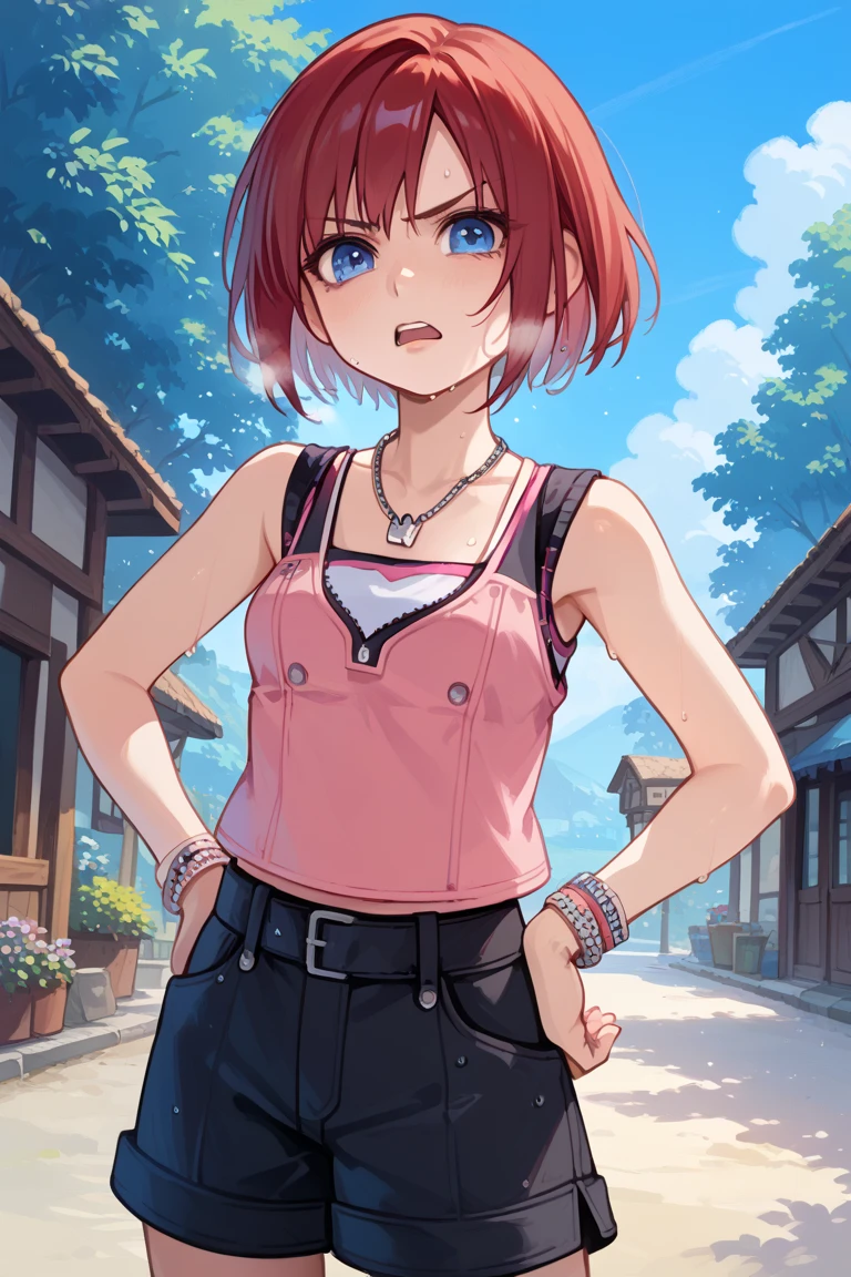 score_9, score_8_up, source_anime, highly detailed, 1girl, solo,
kairi, 1girl, solo, blue eyes, jewelry, boots, necklace, short hair, red hair, pink tanktop, black short shorts, half body,
outdoor, hands on hips, out of breath, sweaty, frustrated expression,  open mouth