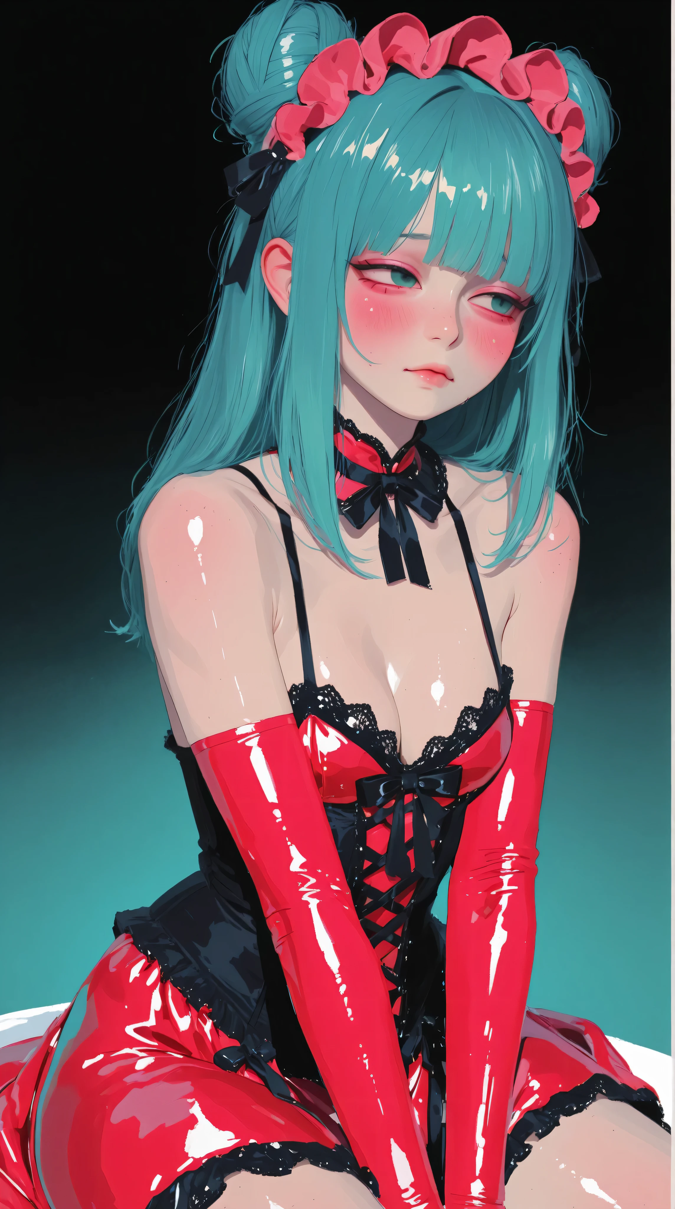 master piece:1.5、(minimal art, line drawing), asian , teal hair, goth、small breasts, cleavage, sexy, submissive, red latex loliress、red and black world, silence、An ennui look、Densely drawn, sitting, sexy pose, no background, red background, black background, shiny skin, erotic young japanese model with slender curvy figures, long black hair, 4k, ultra-detailed, vivid colors, dramatic lighting, intricate details, in a realistic illustration style with thick lines and black outlines, ulzzang, cleavage, submissive, sexy, ecstasy, sexual, heavy blushing, hot, heated, (pink, gold, and turquoise color palette), no background, gold background, teal background, portrait,