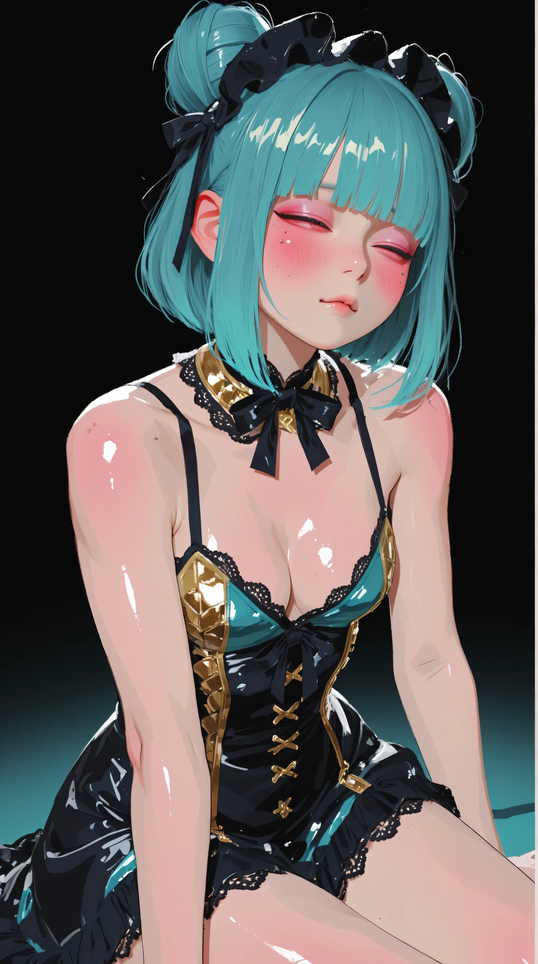 master piece:1.5、(minimal art, line drawing), asian , teal hair, goth、small breasts, cleavage, sexy, submissive, red latex loliress、red and black world, silence、An ennui look、Densely drawn, sitting, sexy pose, no background, red background, black background, shiny skin, erotic young japanese model with slender curvy figures, long black hair, 4k, ultra-detailed, vivid colors, dramatic lighting, intricate details, in a realistic illustration style with thick lines and black outlines, ulzzang, cleavage, submissive, sexy, ecstasy, sexual, heavy blushing, hot, heated, (pink, gold, and turquoise color palette), no background, gold background, teal background, portrait,