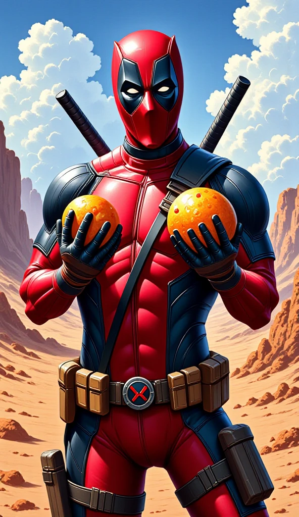 Deadpool holding 2 Dragon Balls with a smile on a barren planet. The iconic anti-hero is depicted with a mischievous grin, his red and black suit contrasting against the desolate landscape. This vivid and detailed painting captures Deadpool's quirky personality in a post-apocalyptic setting, showcasing the character's trademark irreverence. The image is rich in color and texture, creating a visually striking and dynamic composition that immerses the viewer in Deadpool's world.Alta resolución, Preciso, Detalles altos, 