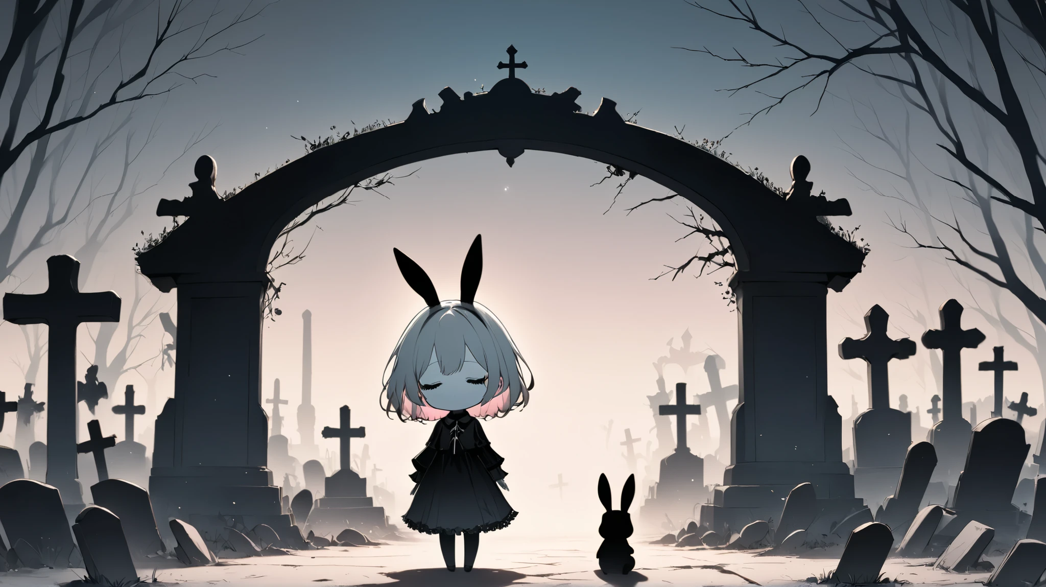 Flat Design, Silhouette Art,anime style, 1chibi character\(short hair, bunny ears, closed eyes,white skin,peaceful expression,hzk,[monochrome,dark gothic illustration:Pastel gradation color,dreamy illustration:0.3],\),solo,gentle glow, gradient background,gray and soft blue and soft pink,derelict graveyard, focus on silhouette symmetry,best quality, minimalism, simple background, 