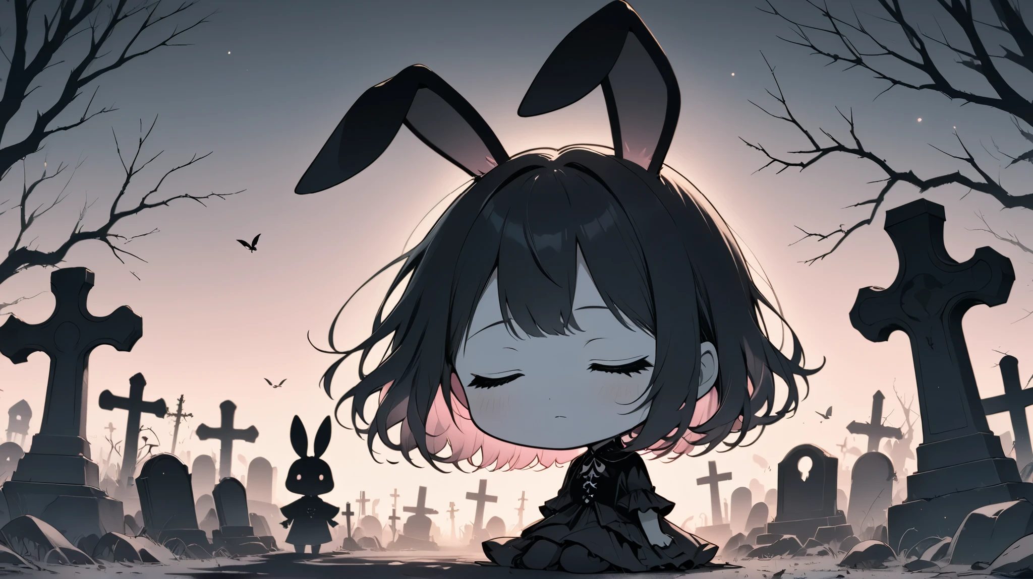 Flat Design, Silhouette Art,anime style, 1chibi character\(short hair, bunny ears, closed eyes,white skin,peaceful expression,hzk,[monochrome,dark gothic illustration:Pastel gradation color,dreamy illustration:0.3],\),solo,gentle glow, gradient background,gray and soft blue and soft pink,derelict graveyard, focus on silhouette symmetry,best quality, minimalism, simple background, 