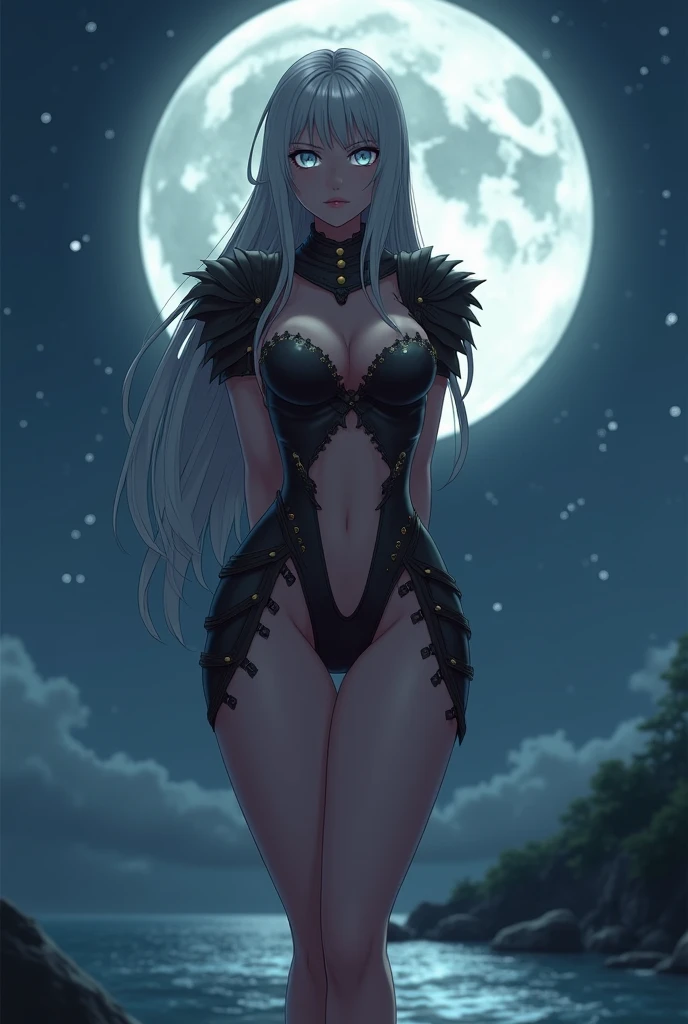 Masterpiece, top quality, 8k, super detailed, Masterpiece anime-style illustration in a 9:16 aspect ratio, showcasing a girl who uses magic at night, without any text. This top-quality, super detailed, and nicely animated portrait captures her in her natural element. Her silver hair shines, reflecting the moonlight, emphasizing her connection to the night. She can only exercise her magic in the moonlight, making the forest at night her lair. The setting is richly detailed, featuring the mystical elements of the forest under the moon's glow, enhancing her magical abilities and the serene yet powerful atmosphere around her.