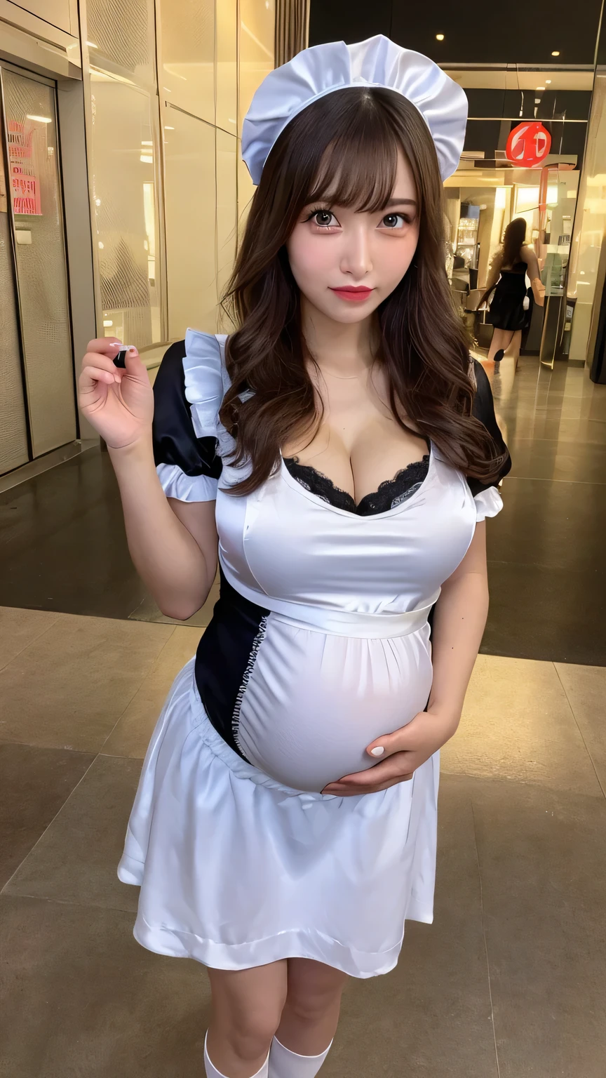 Beautiful pregnant female maid, mature, bunny ears, wants to have sex with me, cleavage, maid dress, brown hair 
