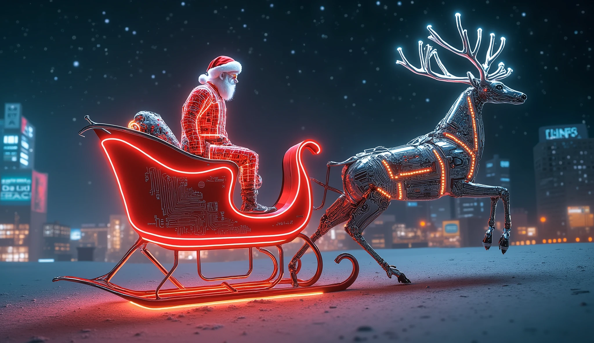 A futuristic Santa Claus, perched confidently on a reindeer-drawn sleigh, illuminated in a glowing Coca-Cola style. The geometric precision and glowing edges of the sleigh and reindeer are accentuated with luminous red and white, creating a dazzling holiday display against a starry night sky. The reindeer features a cyberpunk-inspired design, with intricate circuit patterns pulsing with light and a mechanical, metallic body that glistens with frost. Santa himself wears a glowing red-and-white suit with LED-like details, blending traditional charm with futuristic elegance. In the distance, a vibrant cityscape filled with neon lights and digital advertisements twinkles below, while the snow-covered ground reflects the soft glow. The sleigh's glowing contours and the reindeer's red nose shine brightly, casting radiant highlights against the dark sky. The dynamic lighting creates a magical atmosphere, with sparkling constellations above and shimmering auroras adding depth. A sense of holiday spirit, warmth, and high-tech wonder fills the scene, blending festive tradition with futuristic fantasy.