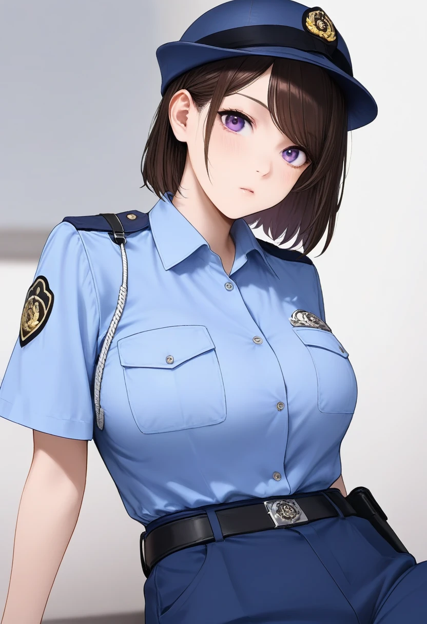 best quality,masterpiece,large breasts,purple eyes,dark brown hair,light blue shirt,blue pants,1girl,police hat,,breast pocket,swept bangs