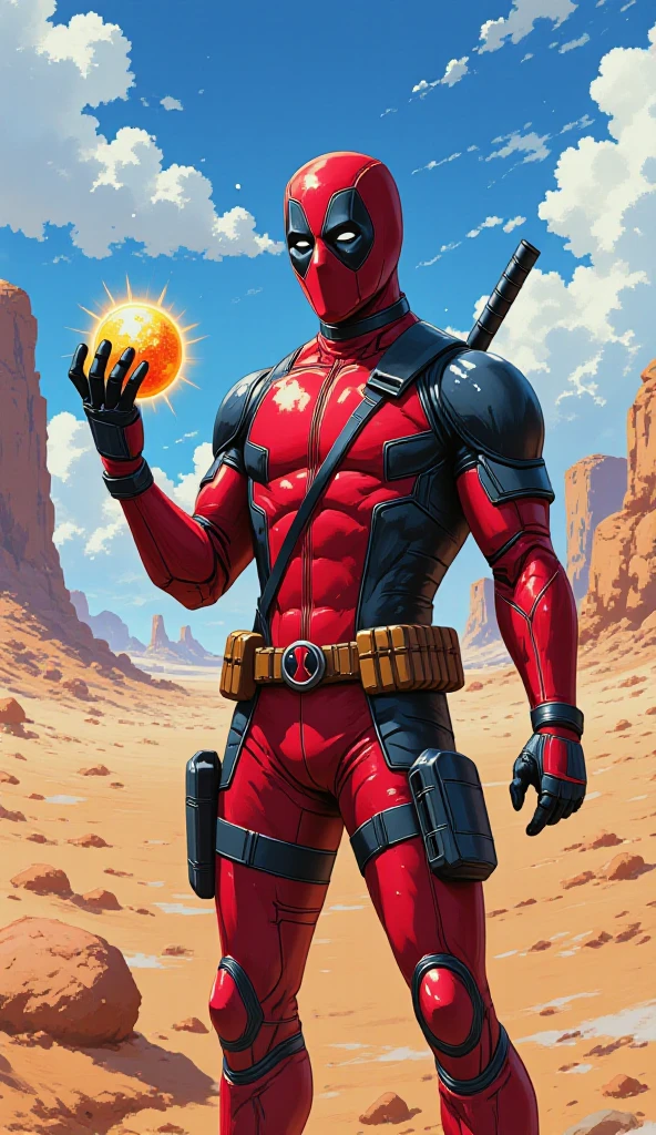 Deadpool holding Goku's 4-star Dragon Ball on a barren planet. The anti-hero's red suit contrasts against the barren landscape. The scene is depicted in a highly detailed painting, capturing every intricate aspect of Deadpool and the Dragon Ball. The vibrant colors of the scene pop against the desolate background, showcasing the characters in exquisite detail. This visually striking image seamlessly combines the worlds of Deadpool and Dragon Ball, offering a unique and captivating portrayal of the two iconic characters.Alta resolución, Preciso, Detalles altos, 