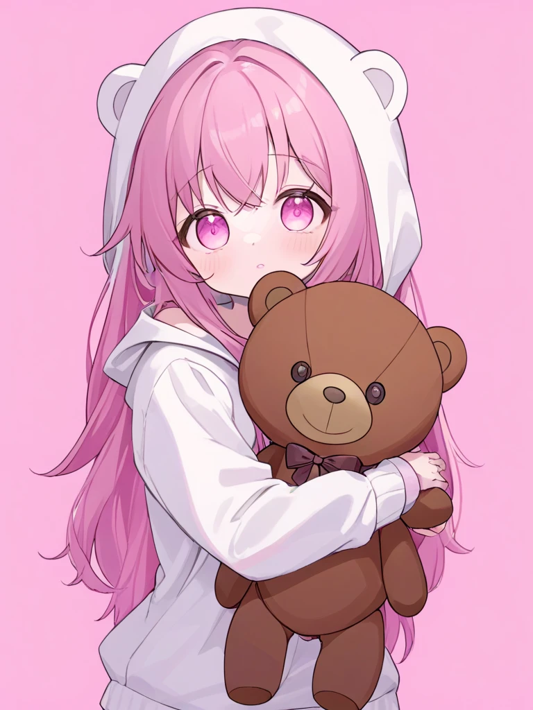 A girl with pink hair and pink eyes in a cute style outfit in a bear style outfit and hugging a teddy bear in a cute pink background with long hair.Wear a hooded hat with a shirt attached.