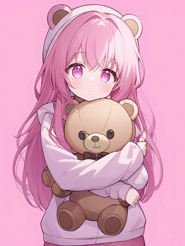 A girl with pink hair and pink eyes in a cute style outfit in a bear style outfit and hugging a teddy bear in a cute pink background with long hair.Wear a hooded hat with a shirt attached.