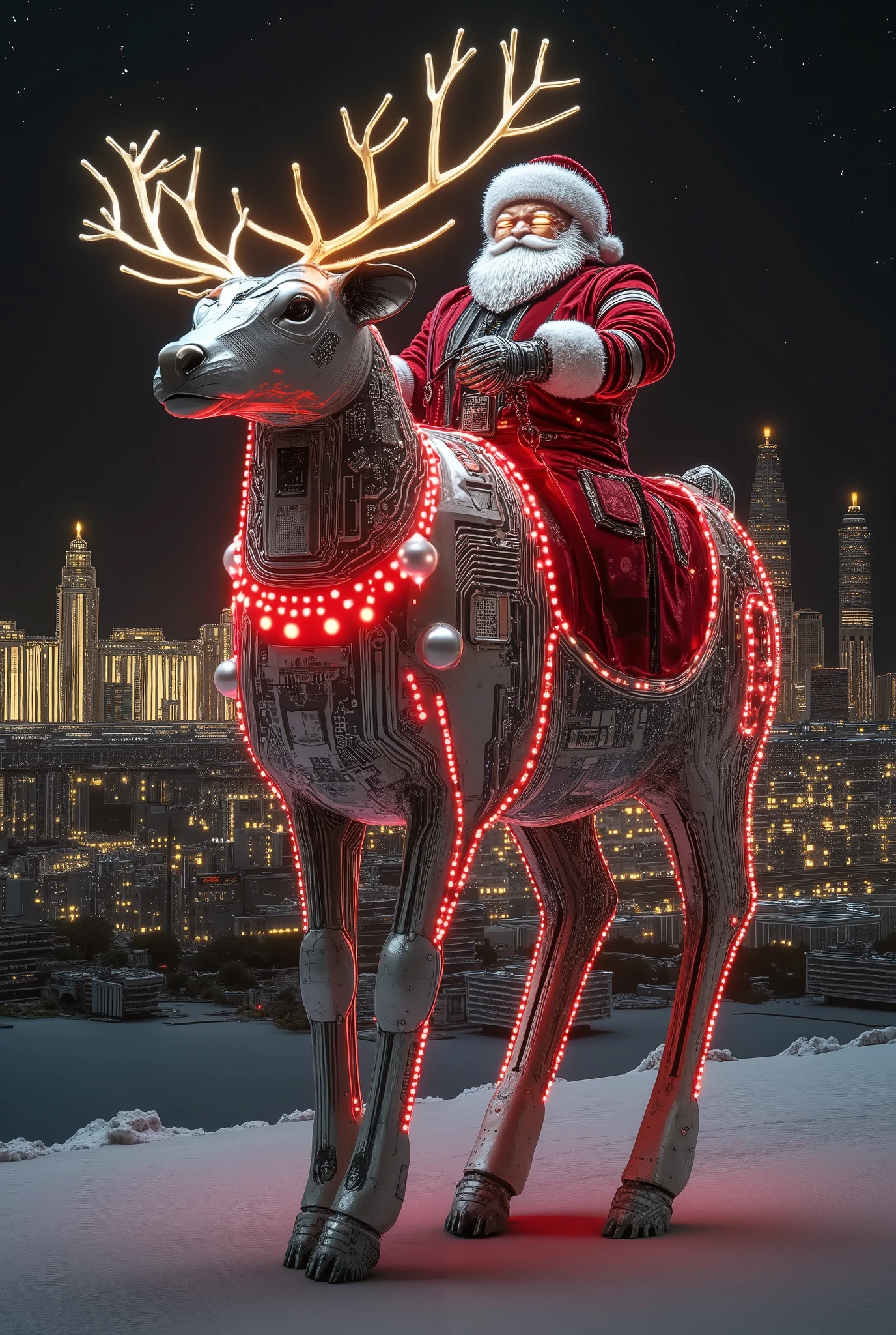 A futuristic Santa Claus, perched confidently on a reindeer-drawn sleigh, illuminated in a glowing Coca-Cola style. The geometric precision and glowing edges of the sleigh and reindeer are accentuated with luminous red and white, creating a dazzling holiday display against a starry night sky. The reindeer features a cyberpunk-inspired design, with intricate circuit patterns pulsing with light and a mechanical, metallic body that glistens with frost. Santa himself wears a glowing red-and-white suit with LED-like details, blending traditional charm with futuristic elegance. In the distance, a vibrant cityscape filled with neon lights and digital advertisements twinkles below, while the snow-covered ground reflects the soft glow. The sleigh's glowing contours and the reindeer's red nose shine brightly, casting radiant highlights against the dark sky. The dynamic lighting creates a magical atmosphere, with sparkling constellations above and shimmering auroras adding depth. A sense of holiday spirit, warmth, and high-tech wonder fills the scene, blending festive tradition with futuristic fantasy.