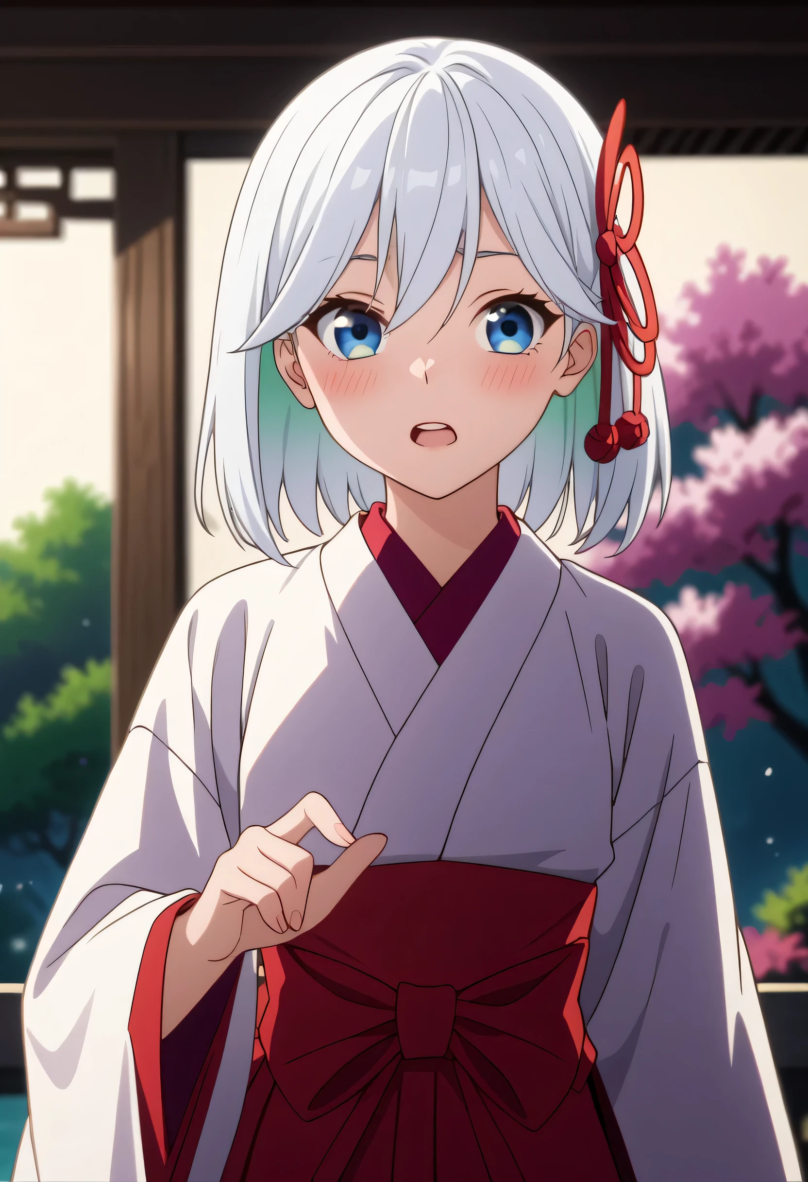 ((ultra-detailed)), (highly detailed CG illustration), (best quality:1.2), ultra-highly detailed, colorful composition, artistic photoshoot, score_9, score_8_up, 1girl, solo focus, amagamiasahi, blue eyes, white hair, red ribbon, hair ribbon, medium hair,
japanese clothes, miko, hakama skirt, red hakama, white kimono, wide sleeves,
surprised, embarrassed, watching from the shadow of a shrine pillar, portrait, depth of field, soft lighting, sidelighting, (shine), lighting, caustics, ray tracing, bashful, perfect face, lustrous skin, highly detailed face, highly detailed eyes, perfect face, perfect nose, perfect hair, perfect eyes, perfect anatomy, beautiful hair, beautiful small face, extremely detailed face, beautiful detailed eyes, beautiful clavicle, beautiful body, beautiful small breasts, beautiful thin thighs, beautiful legs, beautiful fingers, 4 fingers, 1 thumb, lovely, (very detailed background:1.0), (highly detailed background:1.0), winter aesthetic, intricate details, excited atmosphere, winter colors palette, chromatic aberration
