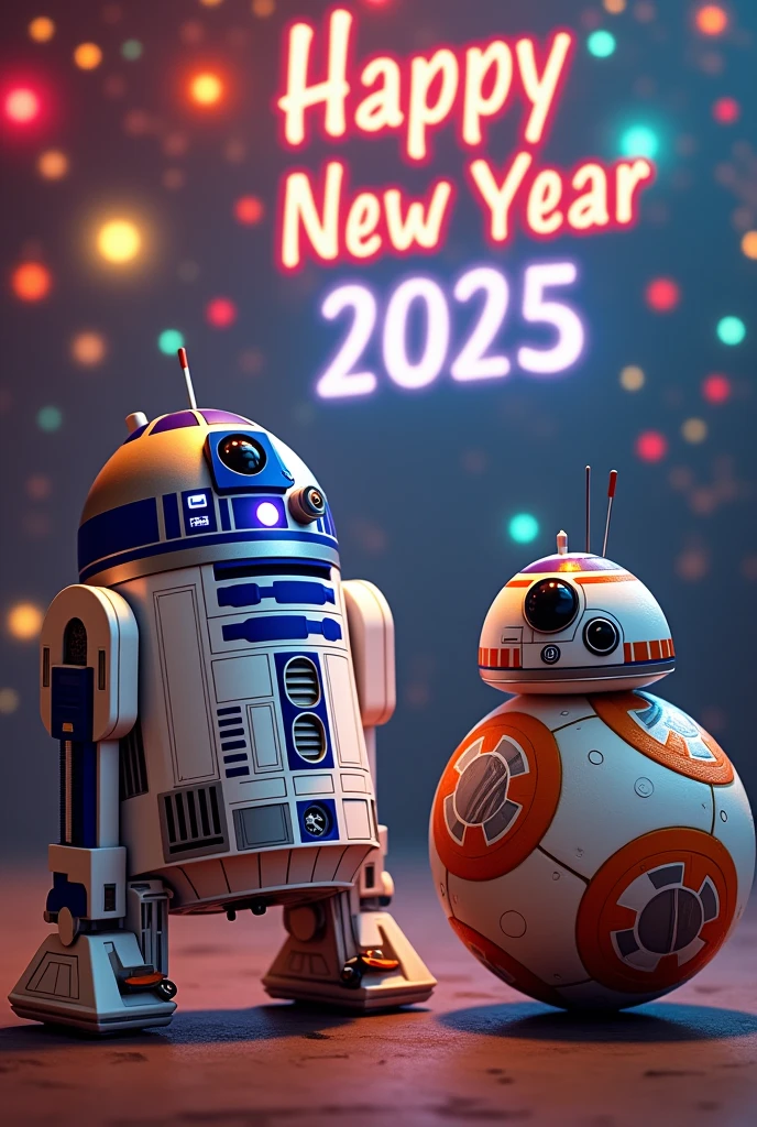 A festive New Year's celebration scene featuring R2-D2 and BB-8 from Star Wars, joyfully celebrating with decorations and fireworks. Include the 'Happy New Year 2025' logo prominently in the image, showcasing a fun and vibrant atmosphere, with colorful lights and confetti in the background.