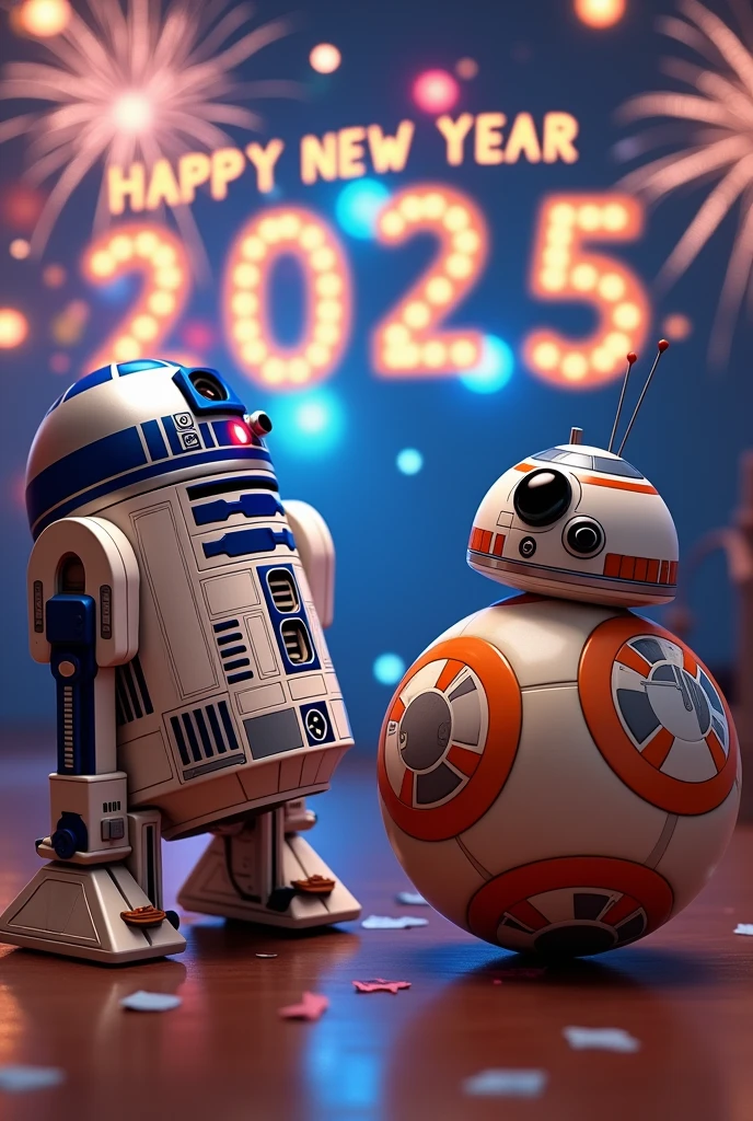 A festive New Year's celebration scene featuring R2-D2 and BB-8 from Star Wars, joyfully celebrating with decorations and fireworks. Include the 'Happy New Year 2025' logo prominently in the image, showcasing a fun and vibrant atmosphere, with colorful lights and confetti in the background.