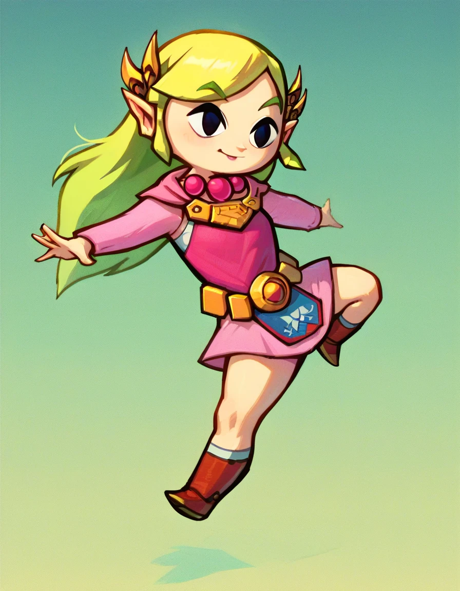 Masterpiece, high-res, 2k, best quality, 2d,  1girl ,  Toon Zelda,  Balancing on one leg with the other raised to the side, zelda wind waker, 