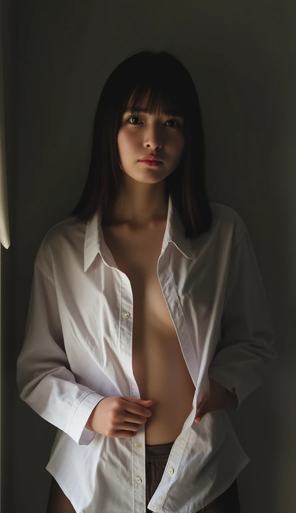 (((Low angle shooting、Biologically correct images、   staring at the camera  :1.22,  Stand in front , 大きく開けたシャツ 、  no underwear))), 1 Japanese woman,  Hotel Room、 indirect lighting、