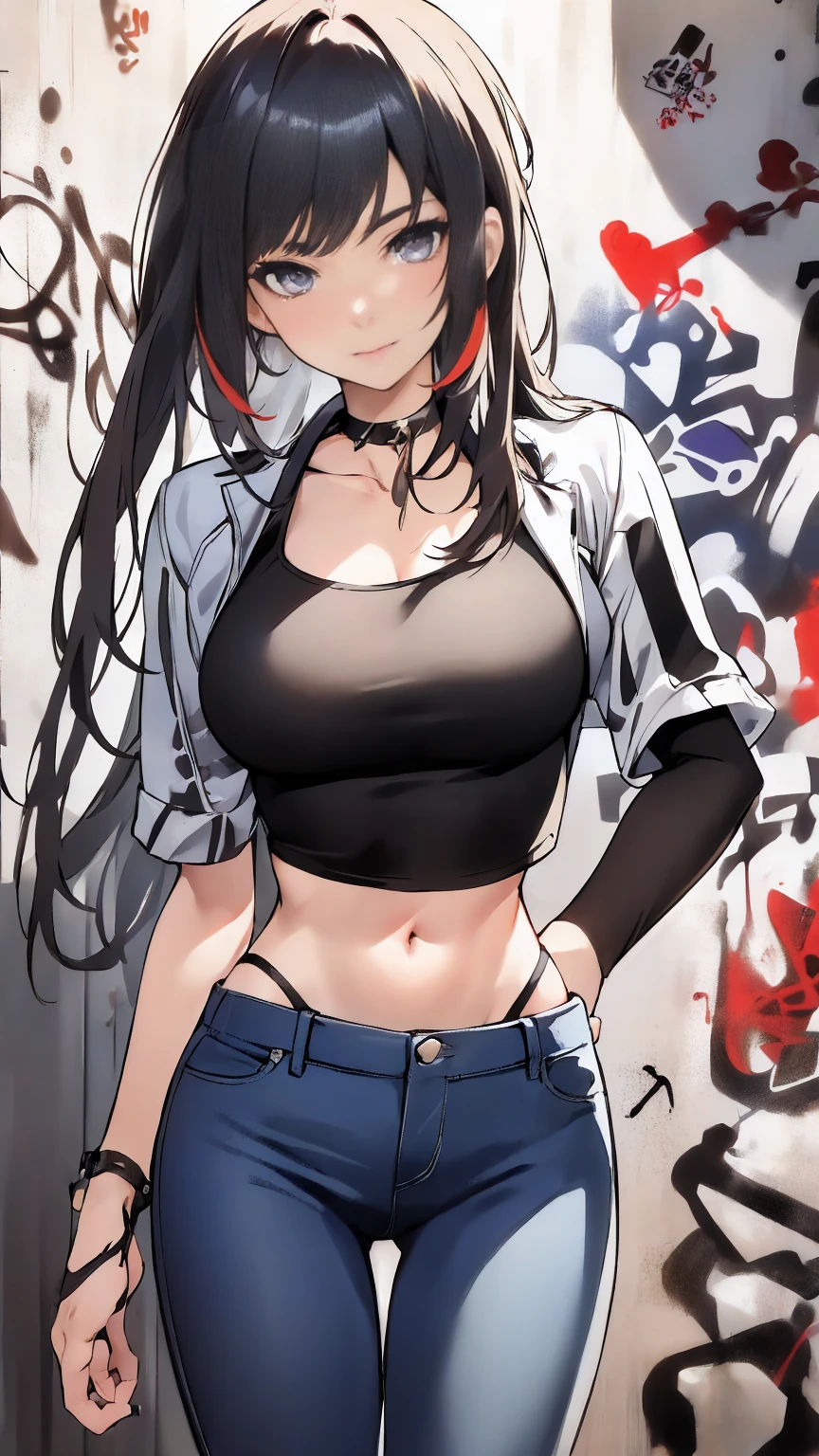 A woman with very long black hair and (very long bangs:1.5), wearing a stylish jacket and tight jeans, (low-rise jeans:1.25), (low-cut jeans:1.25), standing. The artwork is inspired by manga and incorporates a doujin style. The woman appears to be (wetting herself:1.5), which causes her to feel embarrassed and humiliated, resulting in a blush on her face. In addition, there is an air of anger in her expression. The lighting in the scene is moody, with a spotlight highlighting the woman's figure. She is crossing her arms, (arms crossed:1.5), fully showcasing her jeans., large breasts, navel, midriff, groin, mound of venus, cleavage, diamond necklace, unzipped pants, panty peek, panties, open belt, unbuckled belt, unbuckled
