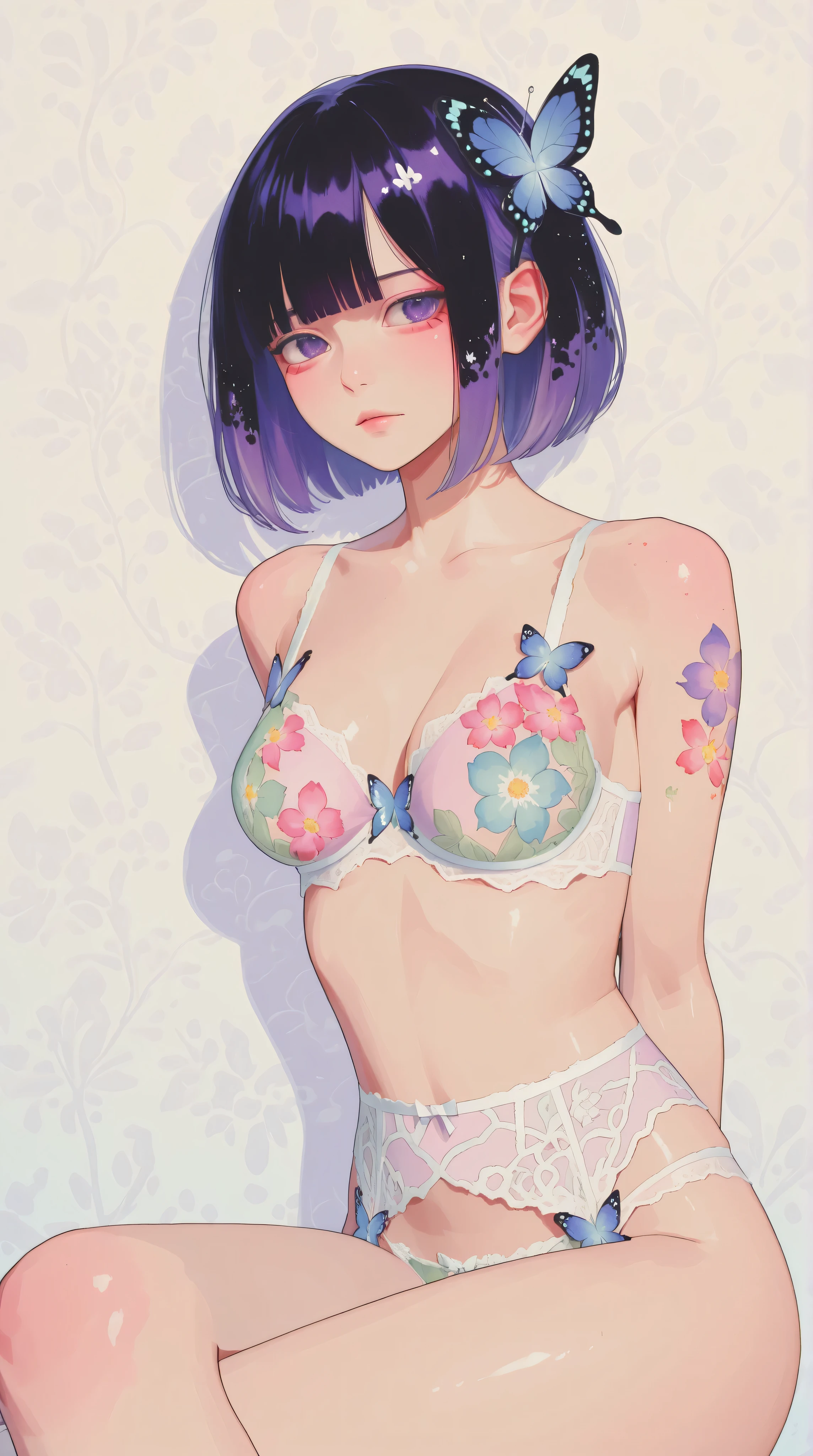 A mesmerizing surreal illustration of a young japanese woman resembling Shinobu Kocho. She wears a vibrant pastel colored outfit adorned with intricate floral patterns. She has a smooth, warm complexion, and bold, colorful tattoos cover her arms and legs. The tattoos feature traditional Japanese motifs like flowers and mythical creatures, rendered with meticulous detail in a pastel color palette. The background is a vintage floral-patterned wallpaper that complements the artwork's colors. The line work is precise, with delicate shading. The artwork fuses modern illustration techniques with traditional Japanese aesthetics, resulting in a visually striking, portrait, Shinobu_Kocho, butterfly_hairpiece, multicolored_hair, purple_hair, black_hair, medium breasts, slender, arms behind back, lingerie,