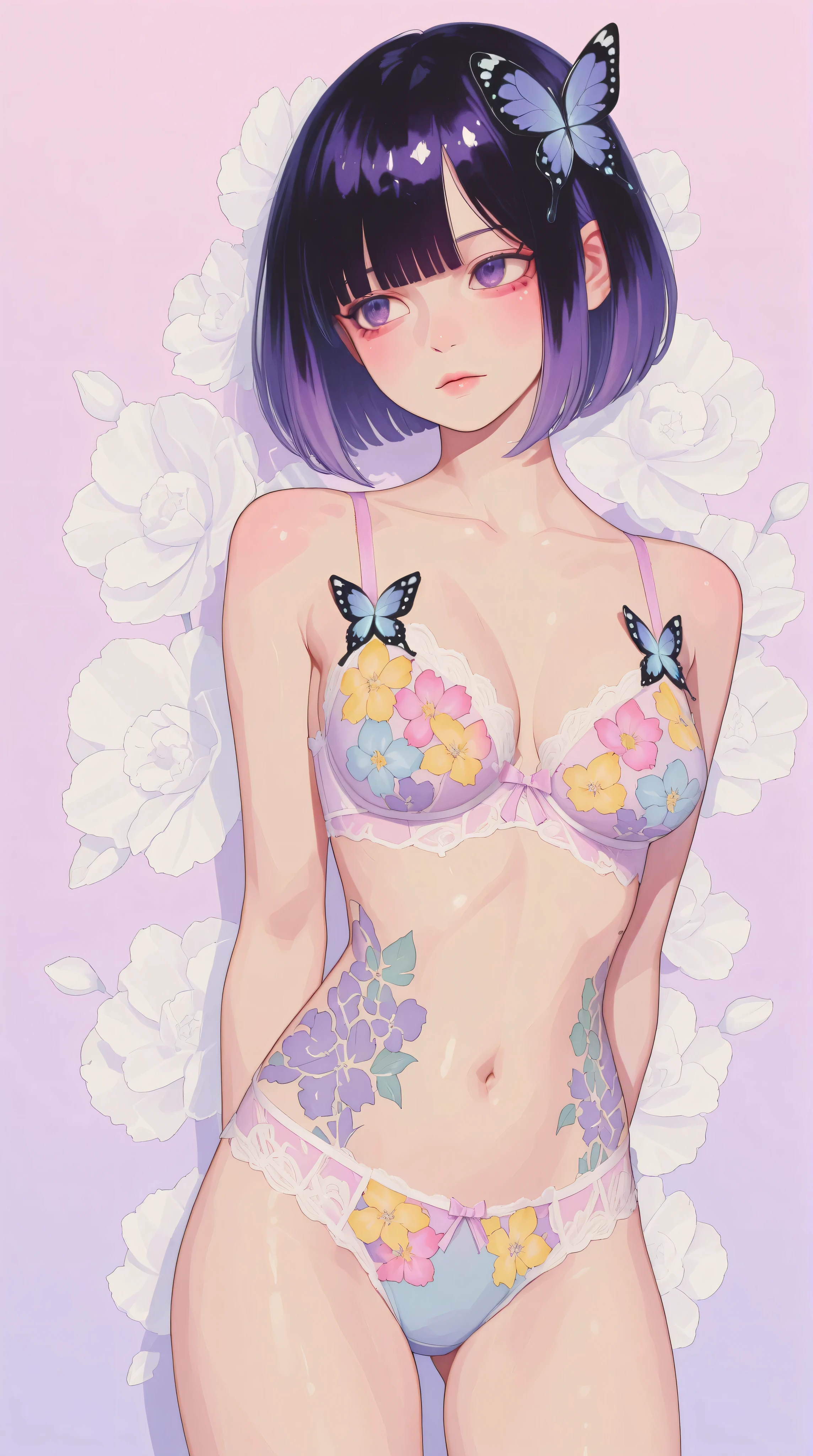 A mesmerizing surreal illustration of a young japanese woman resembling Shinobu Kocho. She  wears a vibrant pastel colored outfit adorned with intricate floral patterns. She has a smooth, warm complexion, and bold, colorful tattoos cover her arms and legs. The tattoos feature traditional Japanese motifs like flowers and mythical creatures, rendered with meticulous detail in a pastel color palette. The background is a vintage floral-patterned wallpaper that complements the artwork's colors. The line work is precise, with delicate shading. The artwork fuses modern illustration techniques with traditional Japanese aesthetics, resulting in a visually striking, portrait, Shinobu_Kocho, butterfly_hairpiece, multicolored_hair, purple_hair, black_hair, medium breasts, slender, arms behind back, lingerie, 
