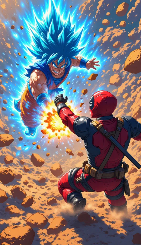 In a breathtaking scene, Deadpool hurls an explosive bomb at Goku in his Super Saiyan Blue form amidst a landscape of utter destruction. The vivid illustration captures Deadpool's mischievous grin and dynamic pose, set against Goku's fierce determination and glowing aura. This masterpiece of a digital painting showcases intricate details like shimmering debris and crackling energy, expertly bringing the epic clash to life. The contrasting colors and explosive energy make this image truly unforgettable.Alta resolución, Preciso, Detalles altos, 