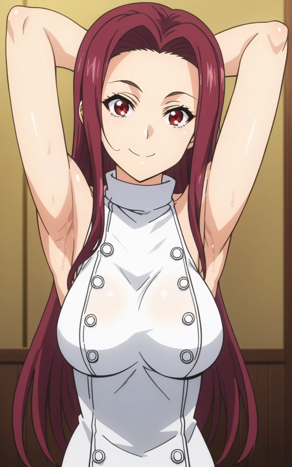 score_9, score_8_up, score_7_up, source_anime, anime screencap, 1girl, solo, ryouko sakaki, long hair, red hair, red eyes, large breasts, white chef outfit, turtleneck, sleeveless, bare shoulders, bare arms, arms behind head, armpits, looking at viewer, head towards viewer, smile, closed mouth, badhandv4, indoors, sweaty armpits