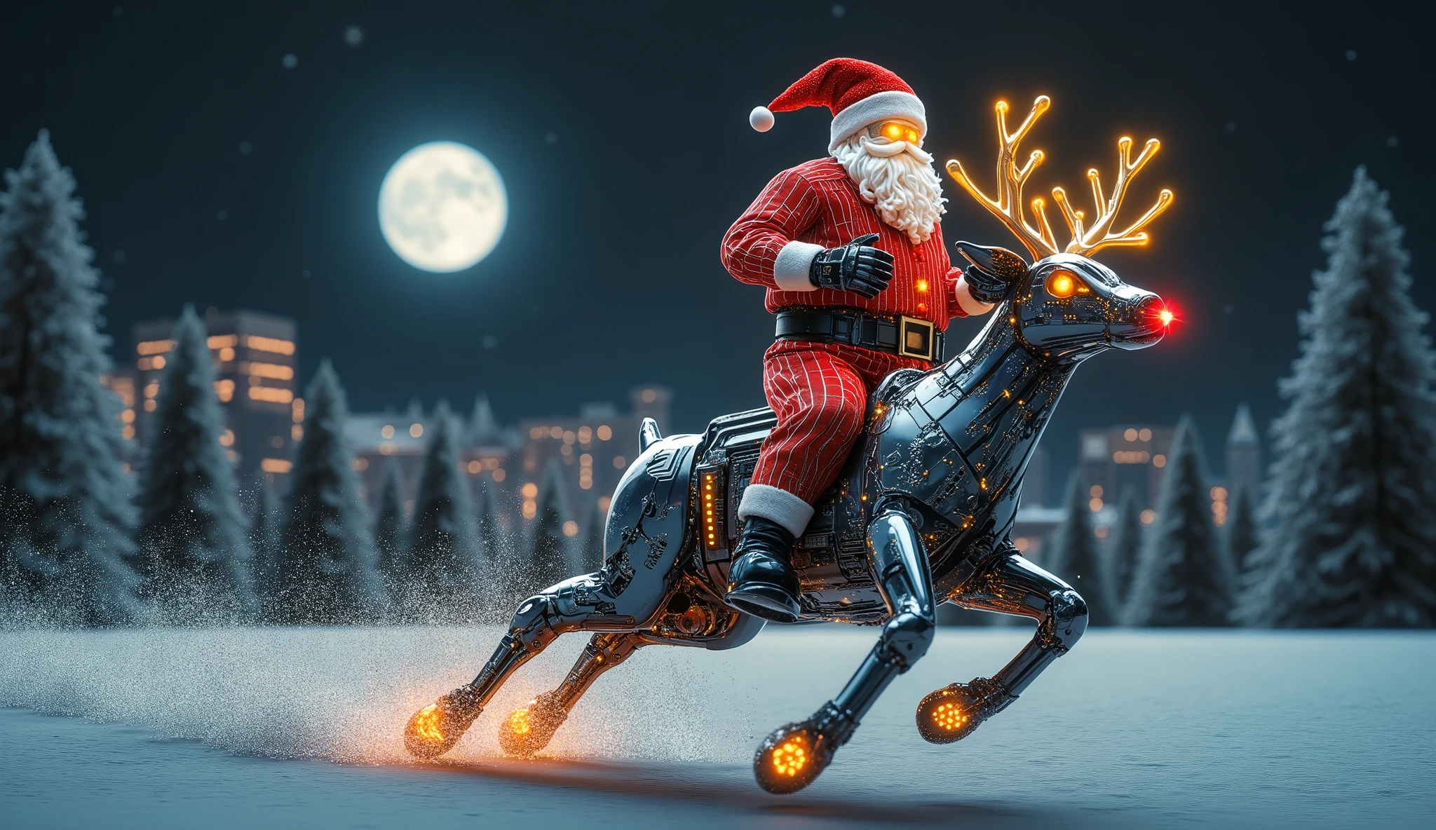 A futuristic, surreal winter scene merges holiday magic with eerie technology. Santa Claus, adorned in a glowing red-and-white suit with LED-like details, perches atop a reindeer-shaped transformer speeding through a snowy landscape. The reindeer’s metallic body is glistening with frost, its intricate antlers and hooves finely crafted with mechanical precision. The red nose shines brightly, decorated with a Christmas wreath. As the reindeer races through the snow, glitter trails in its wake, casting a radiant glow that contrasts with the dark, wintry forest backdrop. The towering figure of Santa, with glowing red eyes and a distorted, monstrous yet whimsical appearance, exudes a sense of both wonder and unease. In the distance, a cityscape twinkles with neon lights, while the moon’s blueish glow adds to the eerie, otherworldly atmosphere. The cold, isolated environment is pierced by the warm golden light surrounding the reindeer, enhancing the surreal blend of futuristic technology and festive holiday spirit.

